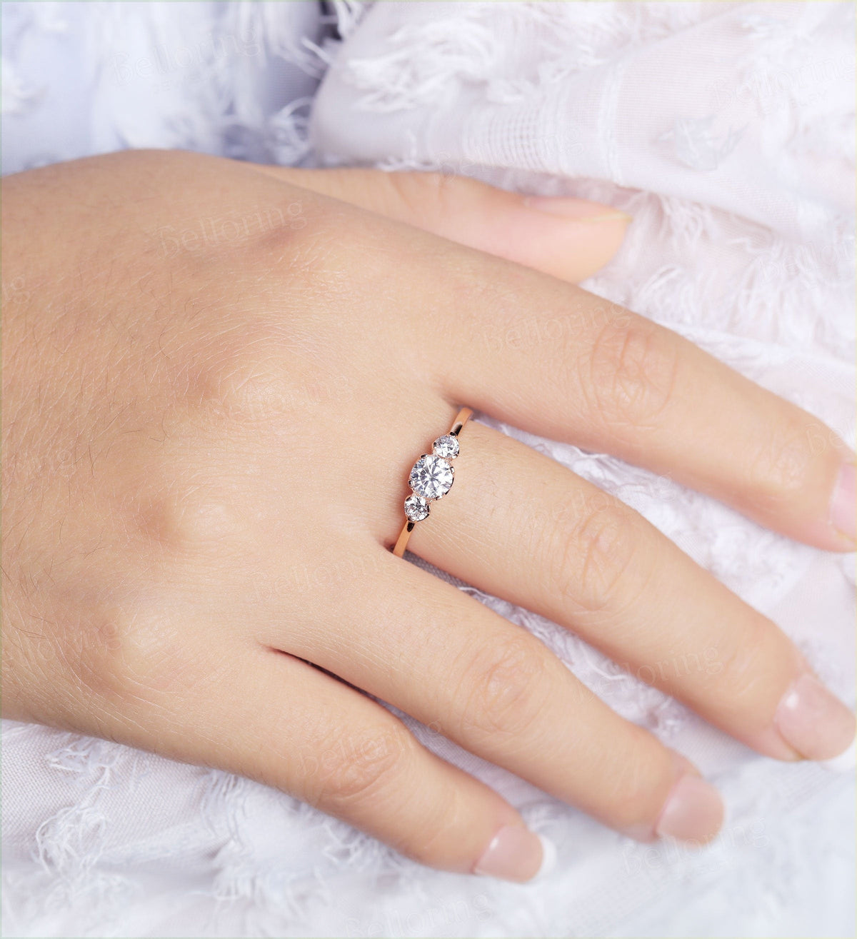 Moissanite engagement ring Vintage antique 3 stone ring rose gold Unique wedding art deco Jewelry promise Anniversary wedding ring