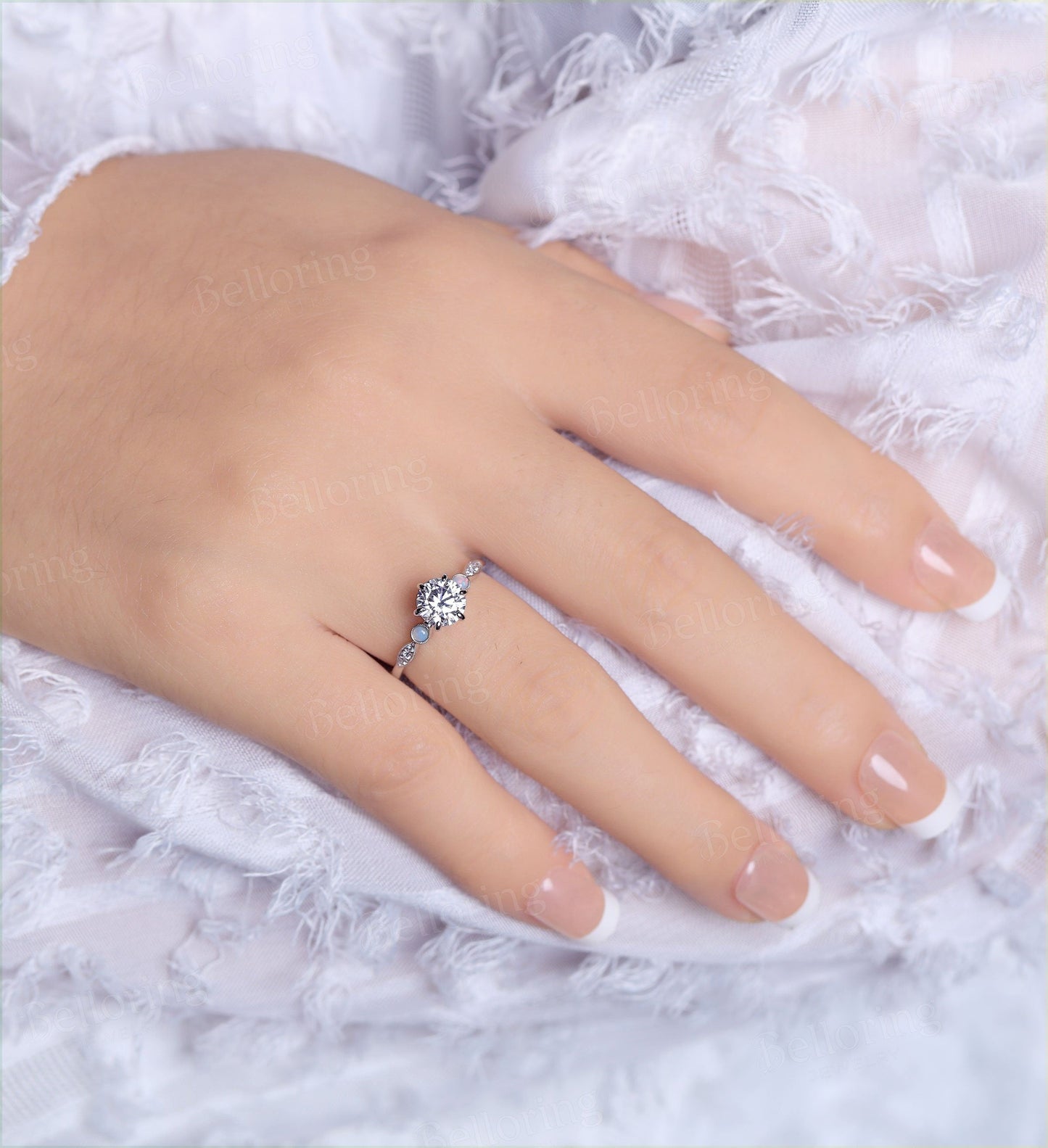 Moissanite engagement ring for prong set dainty vintage milgrain Unique opal wedding antique Jewelry promise Anniversary wedding ring