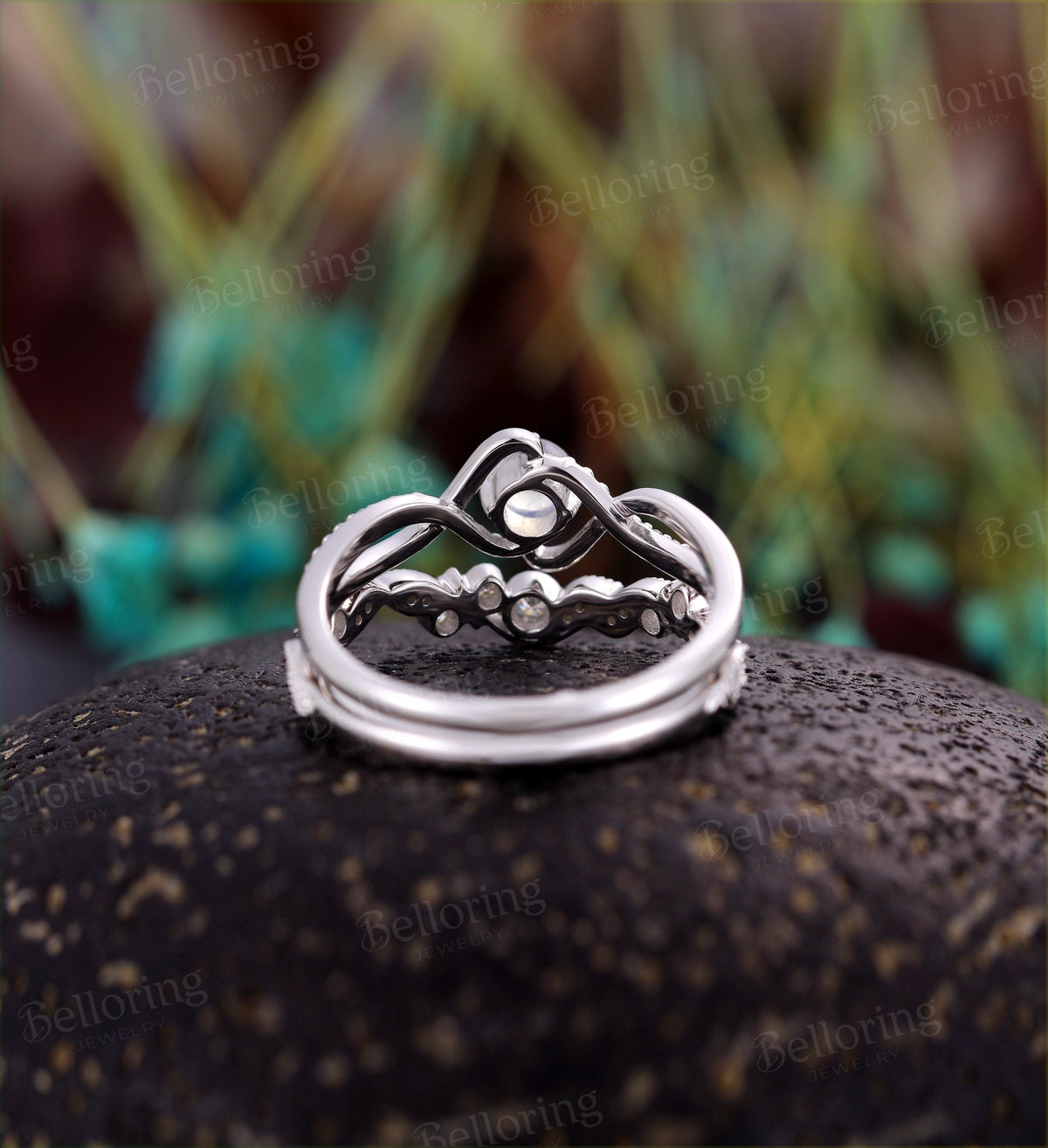 Moonstone engagement ring set Vintage moissanite white gold Unique wedding ring for Art deco Jewelry birthstone Anniversary gift