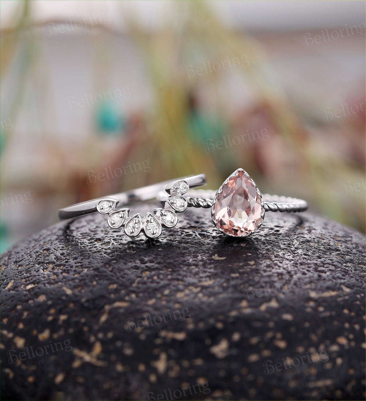 Morganite engagement ring Rose gold pear cut vintage Halo diamond curved Wedding band antique Jewelry Anniversary wedding ring