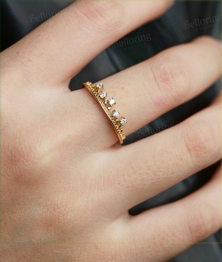 Diamond wedding band Art Deco yellow Gold vintage round cut unique diamond wedding ring Promise Anniversary wedding ring