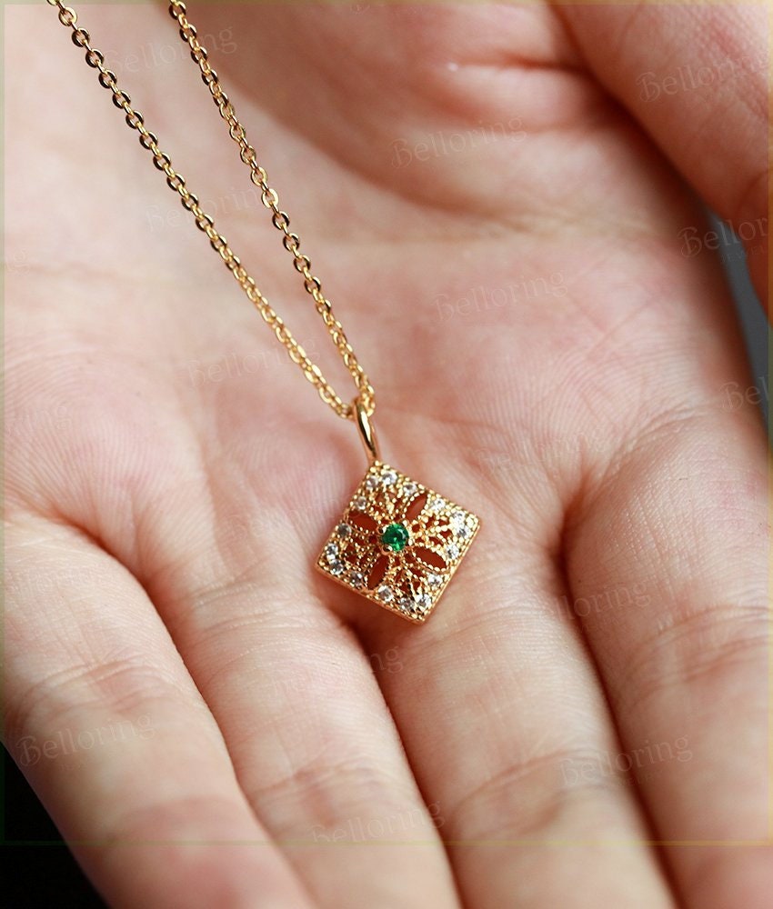 Emerald necklace for bridal vintage Pendant Solid 14K yellow gold unique milgrain delicate Anniversary wedding ring kite shape