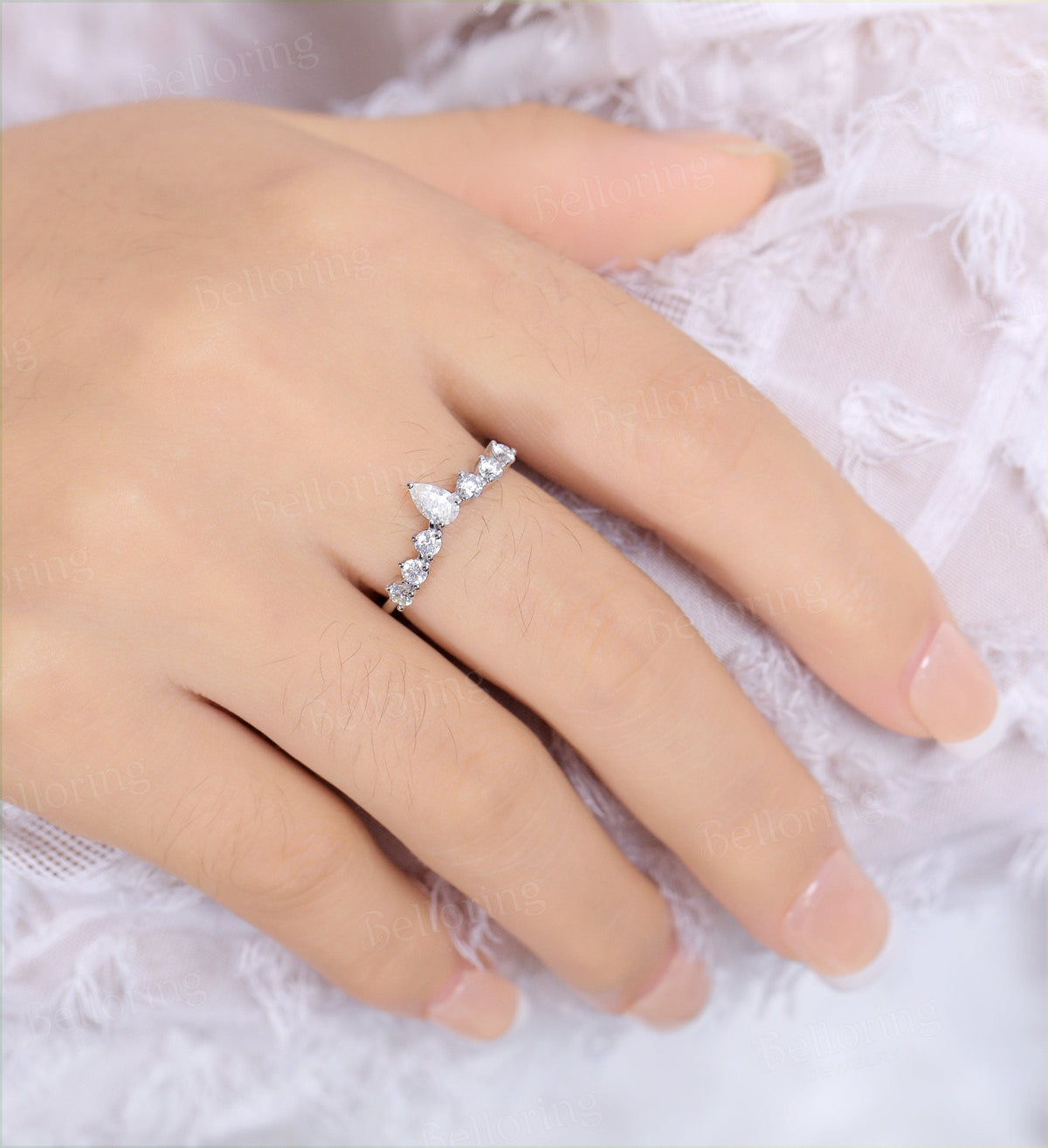 Moissanite Curved wedding band pear shaped Solid yellow gold ring Vintage unique Jewelry Antique Matching Anniversary Gift for her