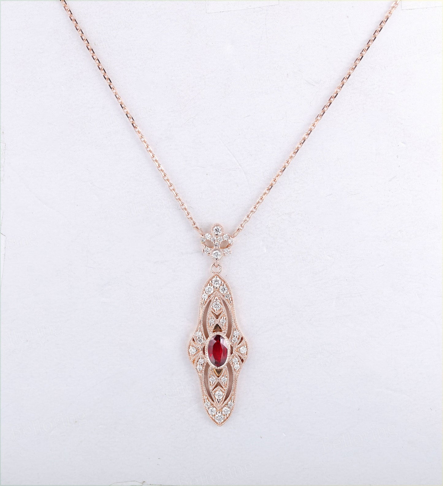 oval shaped Ruby wedding necklace bridal Baguette diamond vintage Cameo Necklaces Solid 14K rose gold Anniversary wedding ring