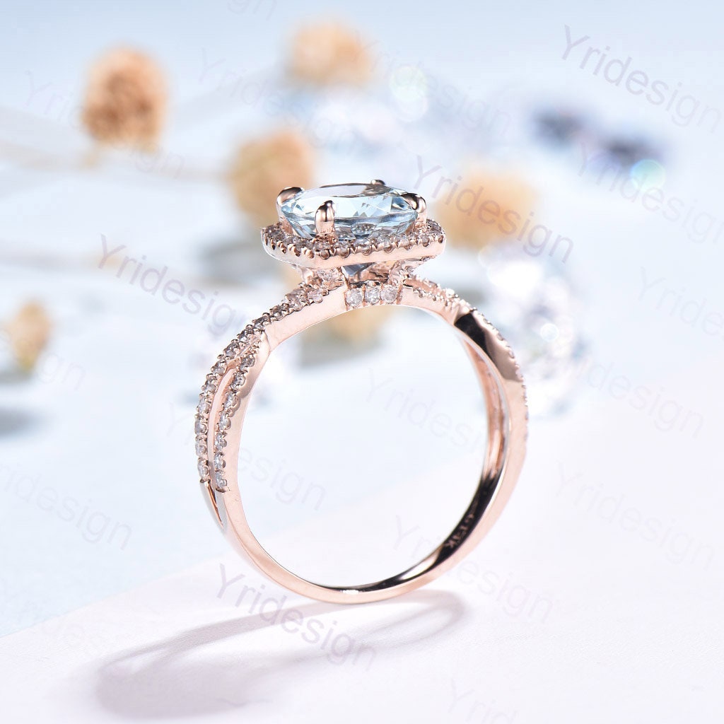 Aquamarine Engagement Ring: Rose Gold Halo, Twisted Diamond Band