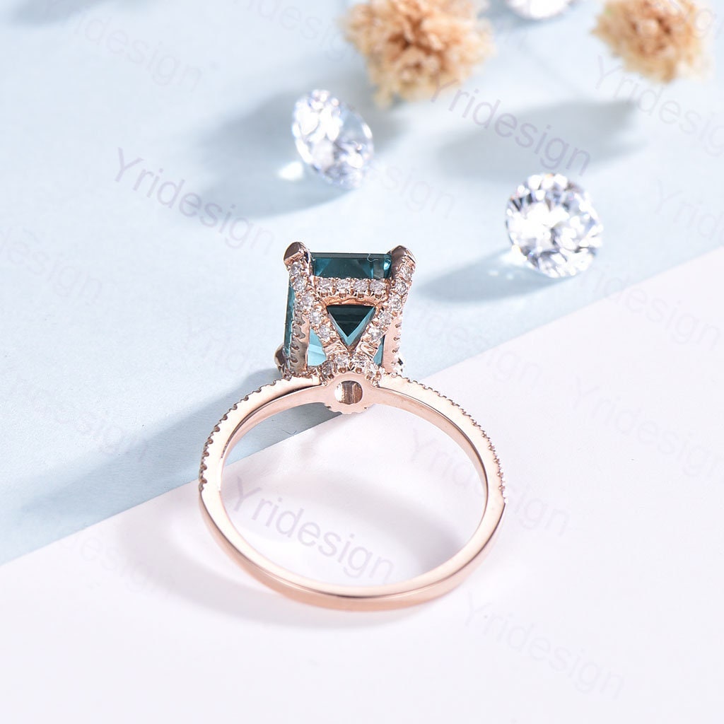 Rose Gold Emerald Cut Alexandrite Engagement Ring, Diamond Accents