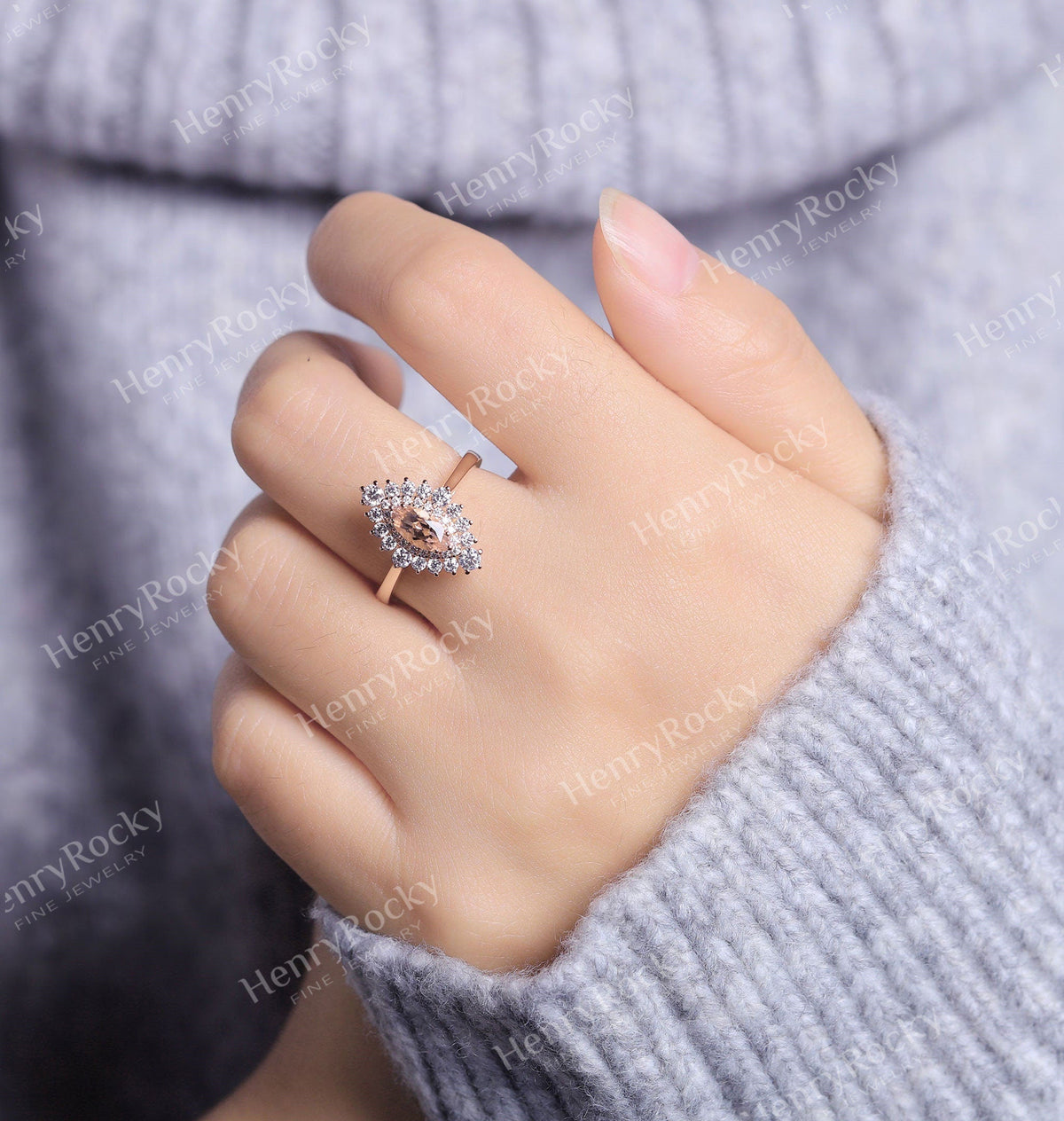 Antique Morganite engagement ring rose gold women | Vintage Marquise cut wedding ring | Unique Halo Bridal ring | Anniversary gift for her