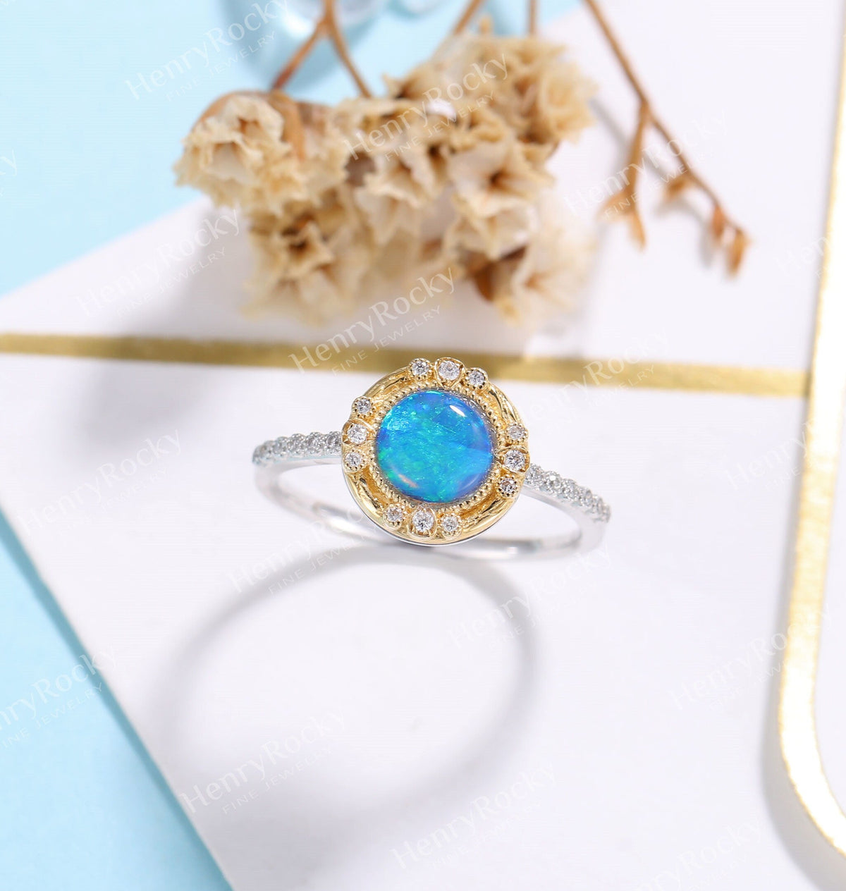 Art deco Opal Engagement Ring White gold Women | Antique Diamond half eternity Bridal Jewelry |Unique Promise Ring Anniversary Gifts for Her