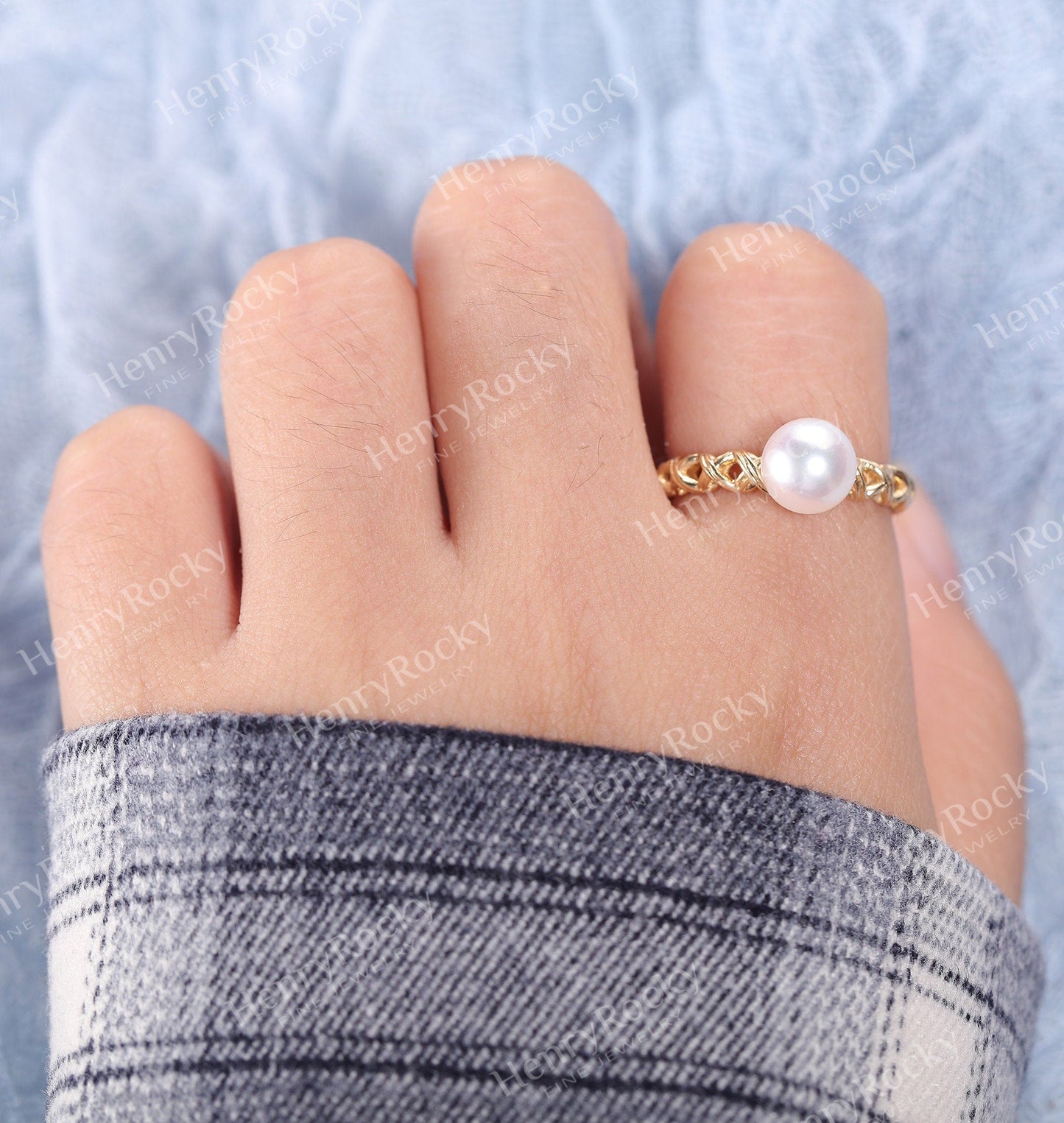 Art deco Akoya Pearl Engagement Ring Yellow gold Women | Unique Vintage Twisted Birthstone Bridal ring | Promise Ring Anniversary ring