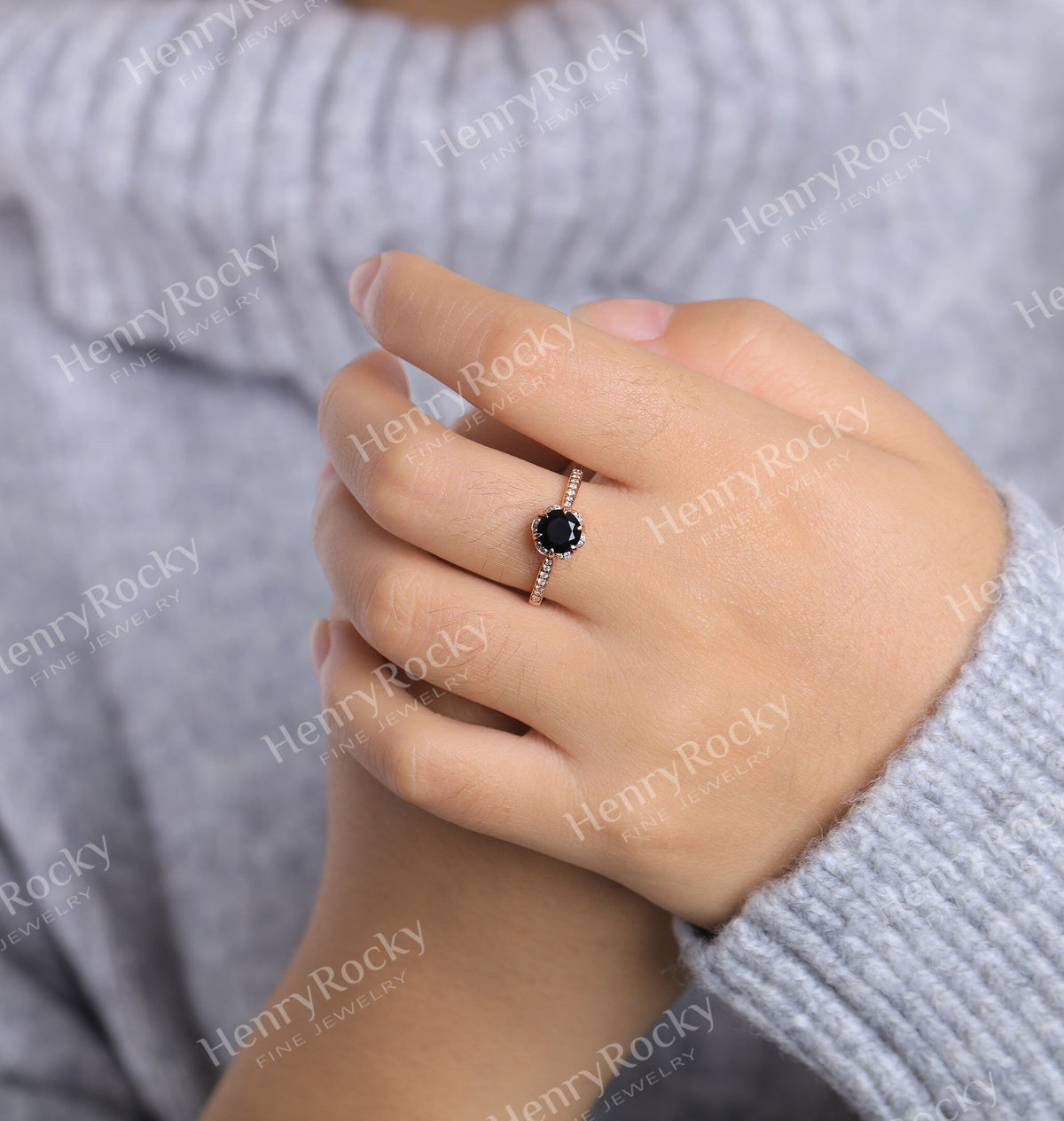 Black Onyx Engagement Ring rose gold Women | Antique prong set Bridal Jewelry | Unique half eternity Diamond Ring | Anniversary Gift for Her