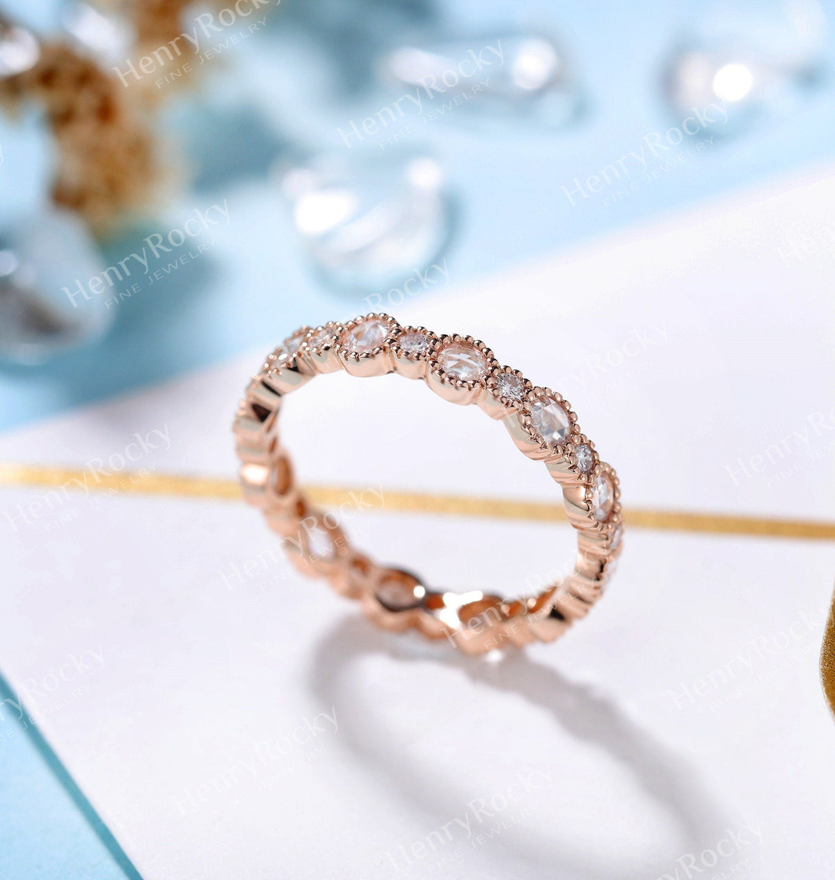 Diamond wedding band women | rose gold band | unique rose cut bridal ring | matching wedding ring | promise ring anniversary gift for her