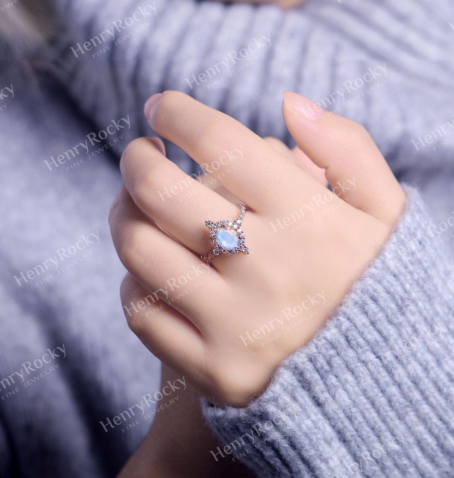 Moonstone engagement ring rose gold women | Vintage Halo wedding ring | Art deco Moissanite jewelry Bridal ring | Anniversary gift for her