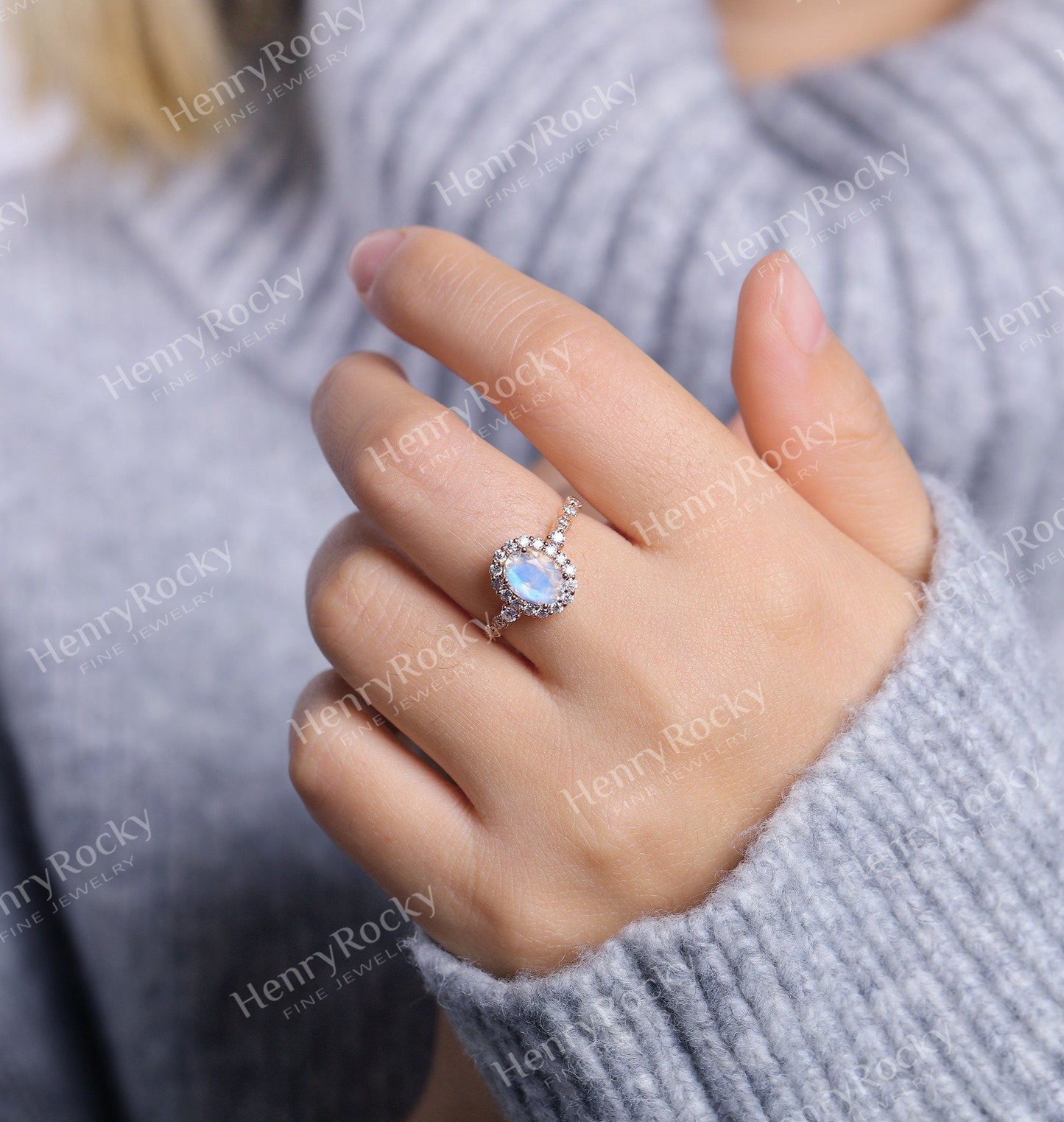Moonstone engagement ring rose gold women | Vintage Halo wedding ring | Art deco Moissanite jewelry Bridal ring | Anniversary gift for her