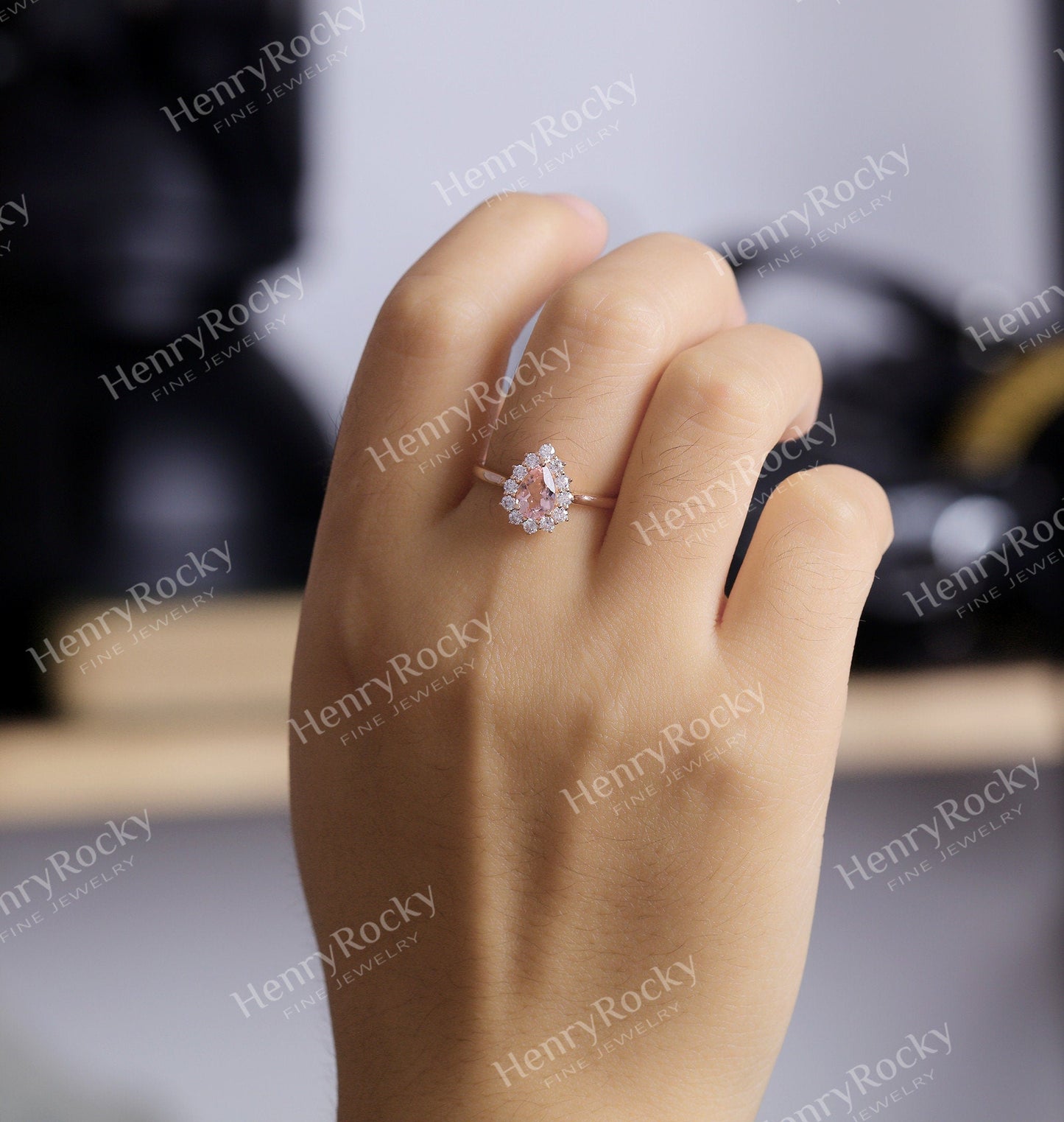 Antique Morganite engagement ring rose gold women | Vintage pear shaped wedding ring | Unique Halo Bridal ring | Anniversary gift for her
