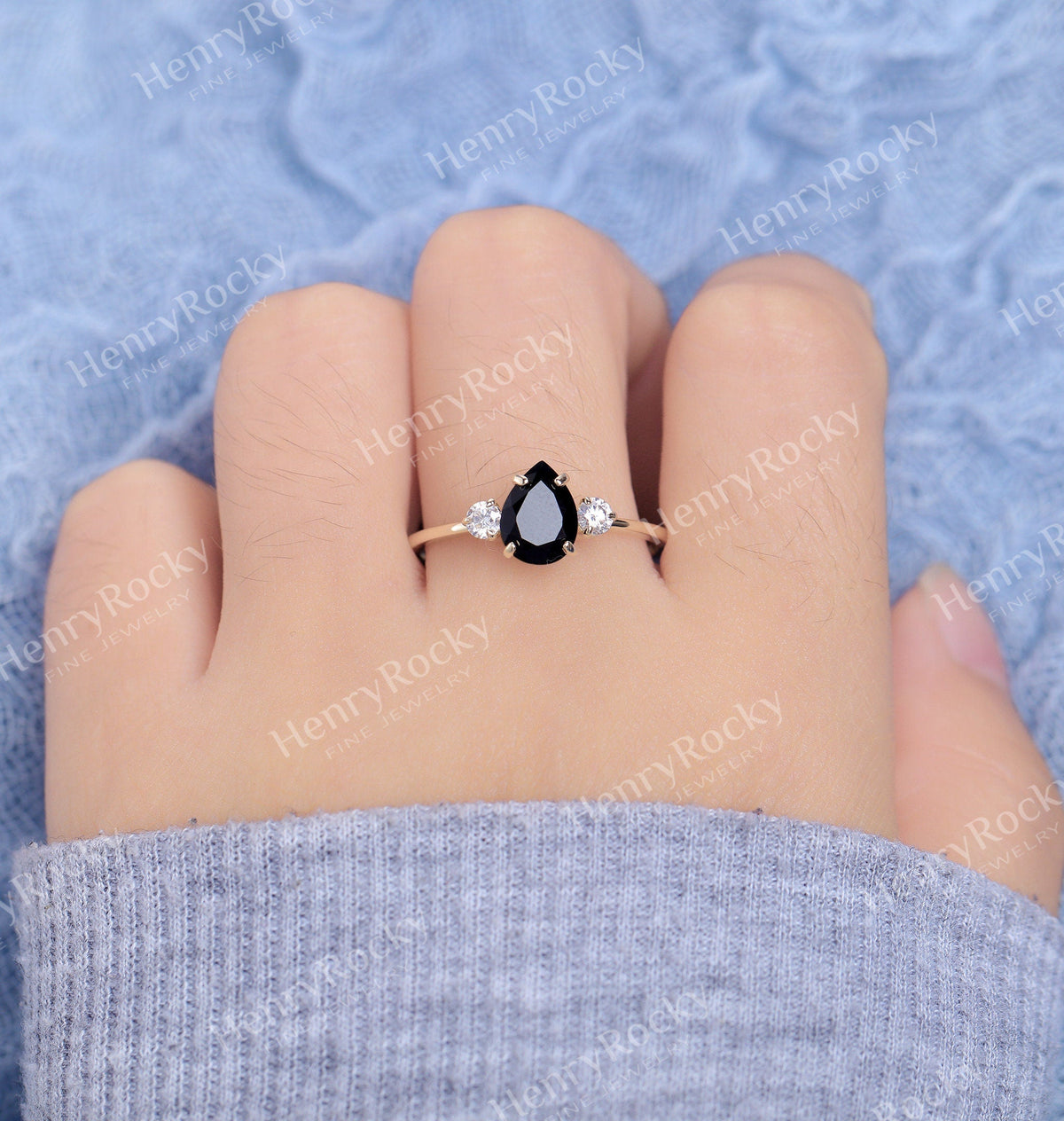 Black Onyx Engagement Ring pear shaped Women | Antique Yellow gold Bridal Jewelry | Art deco Diamond Ring | Unique Anniversary Gift for Her