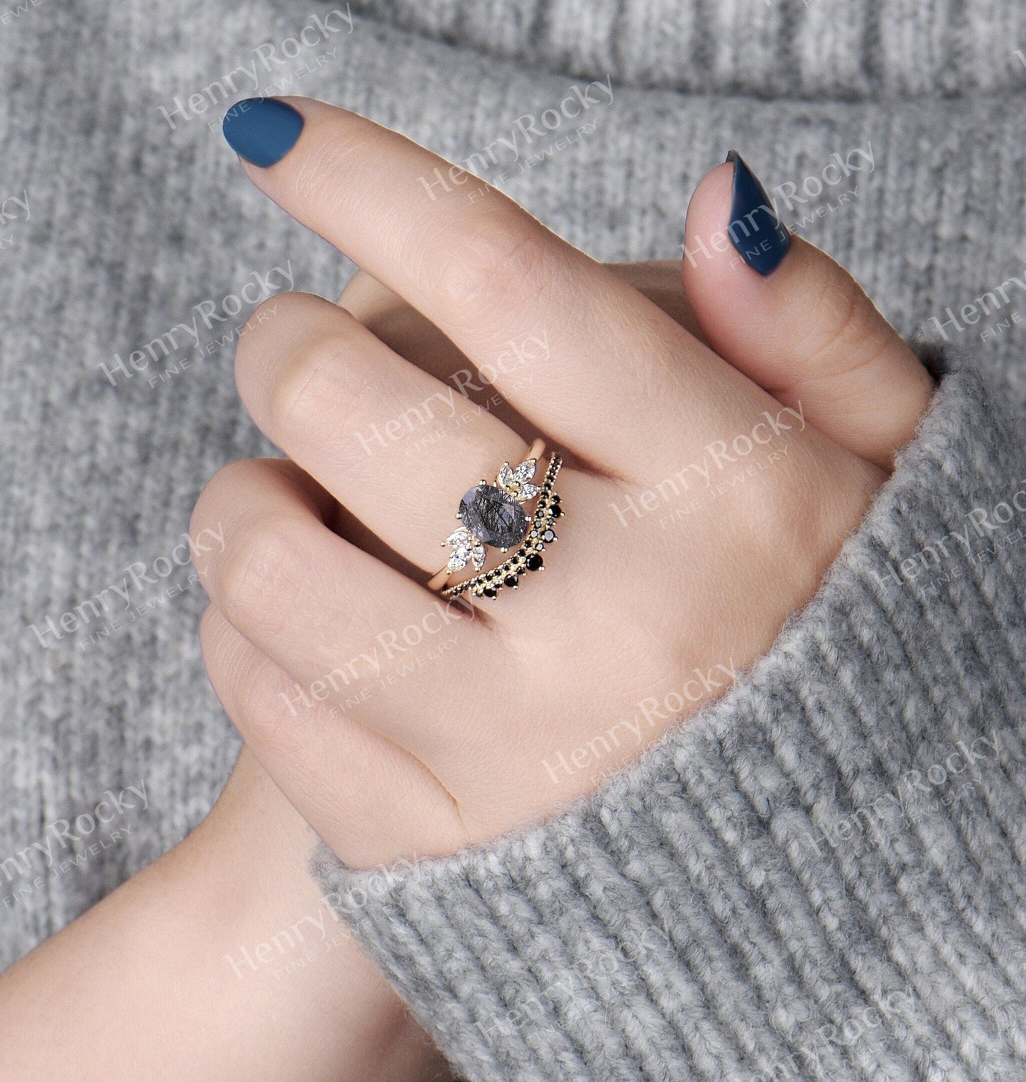 Black Rutilated Quartz Engagement Ring yellow Gold | Half Eternity Oval shaped Bridal set I Unique Black Diamond ring | Anniversary ring