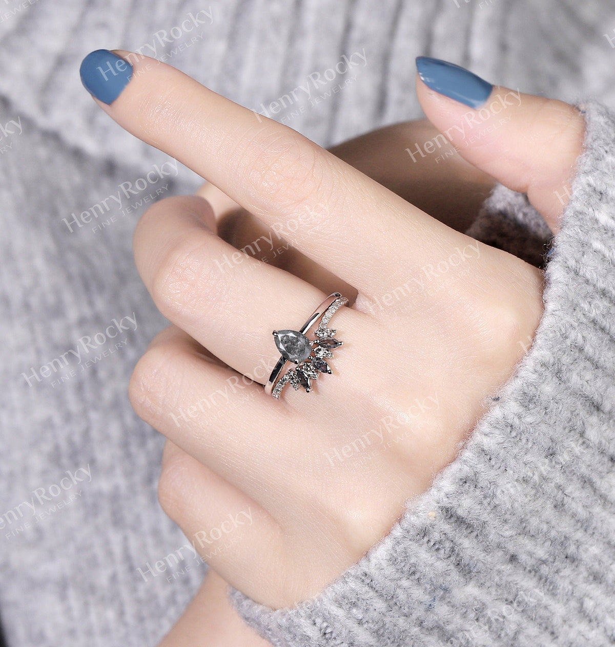Art deco Salt and Pepper Diamond Engagement Ring Set | Vintage White gold Bridal set | Pear shaped ring | Curved wedding band | Promise ring