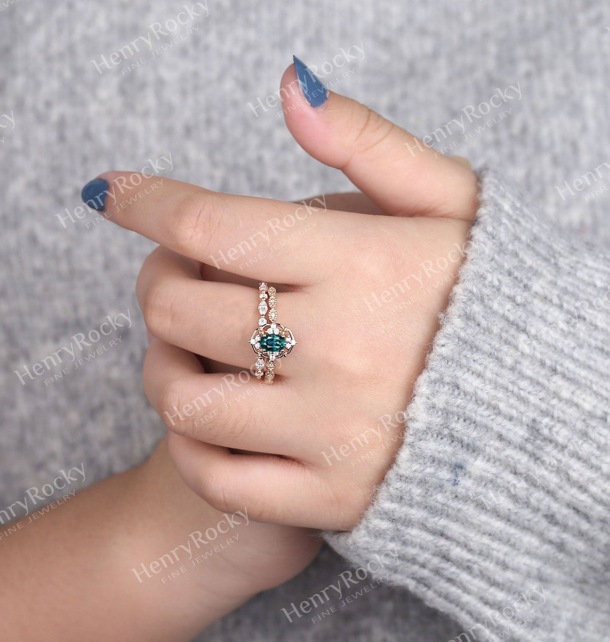 Art deco teal sapphire engagement ring set | Antique rose gold bridal set | Vintage diamond milgrain wedding ring set | Anniversary promise