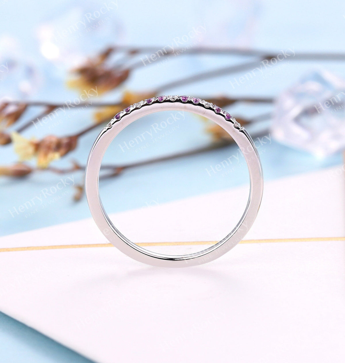 Delicate Wedding Band White Gold Women | Vintage Diamond wedding ring Stacking Amethyst jewelry|Unique Promise Ring Anniversary Gift for her