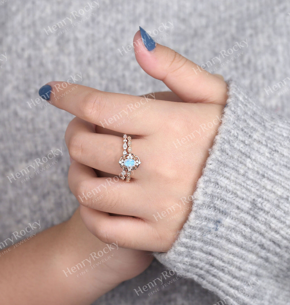 Art deco Moonstone engagement ring set | Antique rose gold bridal set | Vintage diamond milgrain wedding ring set | Anniversary promise ring