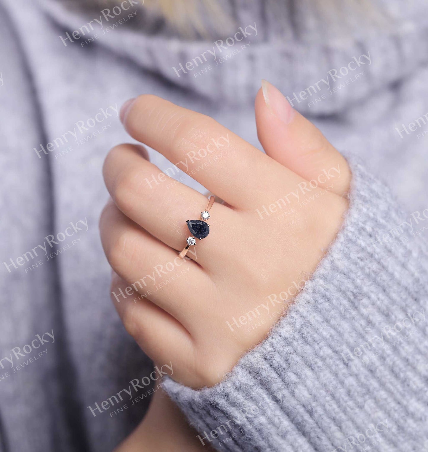 Blue Sandstone Engagement Ring Women Rose Gold | Pear shaped Bridal Jewelry | Vintage Diamond Bridal ring | Unique Anniversary Gift for Her