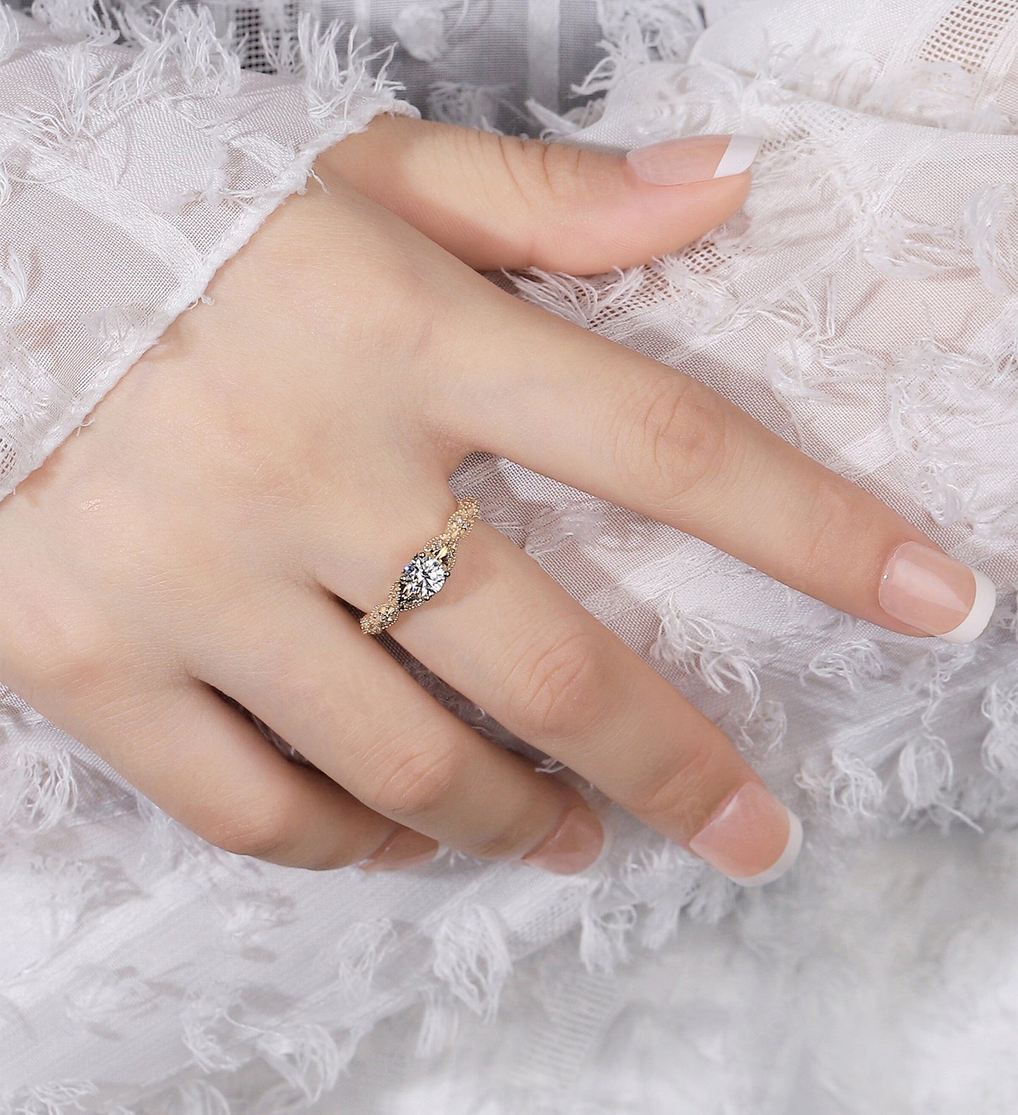 Moissanite engagement ring Vintage Milgrain rose gold round cut diamond Art deco Unique wedding Jewelry promise Anniversary gift