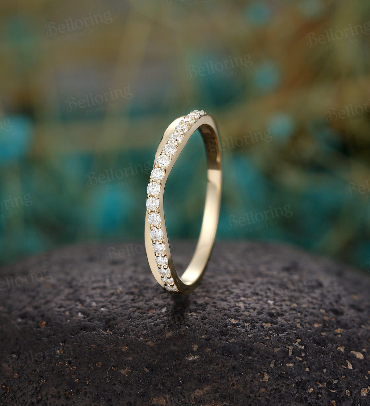 Moissanite wedding band vintage rose gold Half eternity antique unique bridal set stacking rings diamond Promise Matching band