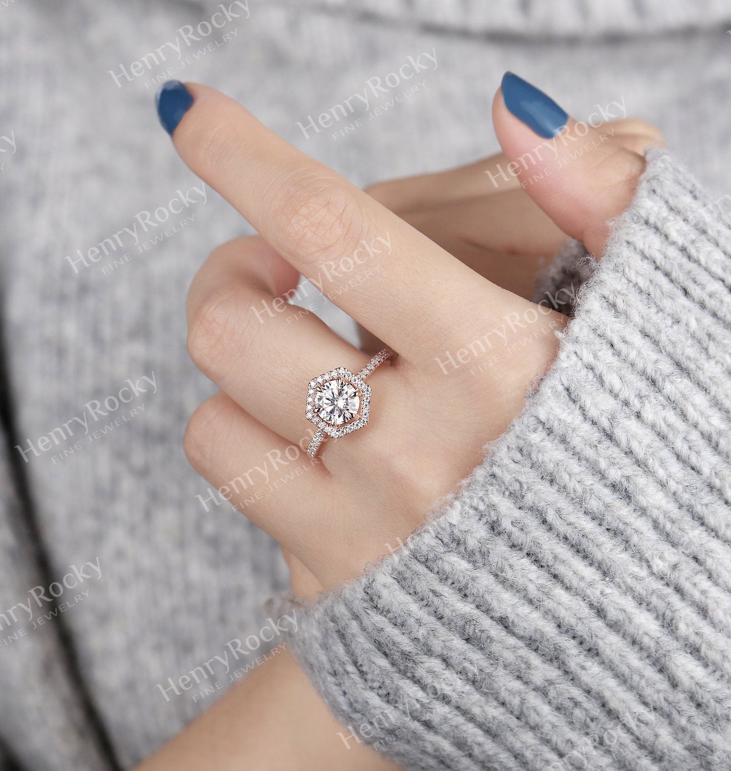 Art deco Moissanite Engagement women Ring | Unique Halo Round shaped Bridal ring | Antique Rose gold wedding ring | Anniversary Promise ring