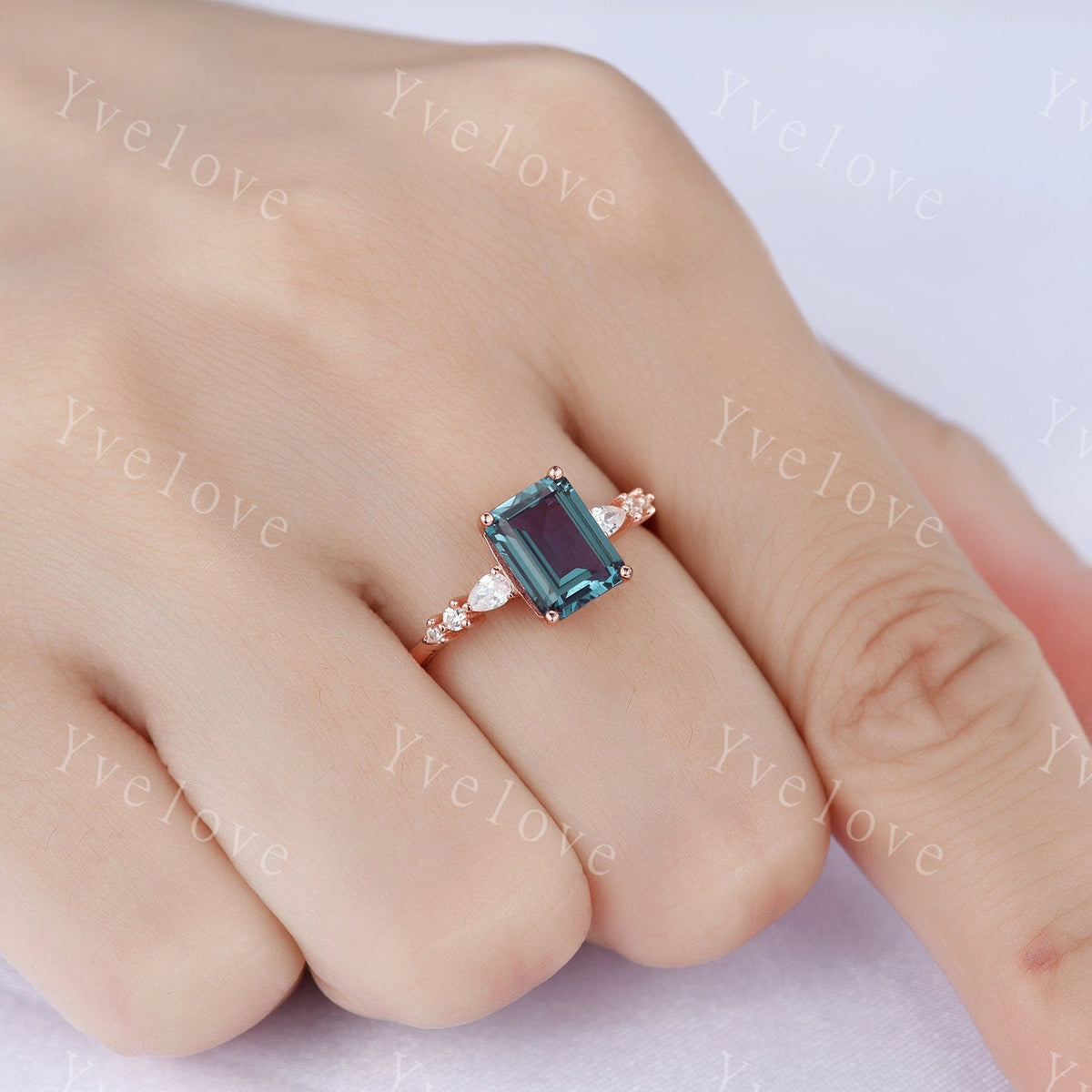 6x8mm Emerald Cut Alexandrite Engagement Ring 14K Rose Gold Moissanite/Diamond Wedding Band Art Deco Special Bridal Ring Jewelry Gift