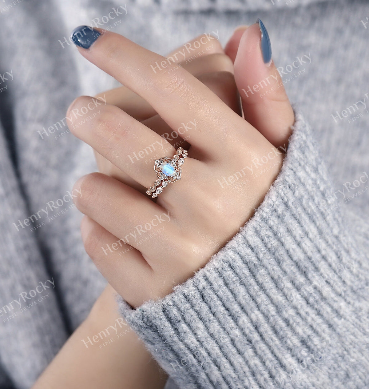 Art deco Moonstone engagement ring set | Antique rose gold bridal set | Vintage diamond milgrain wedding ring set | Anniversary promise ring