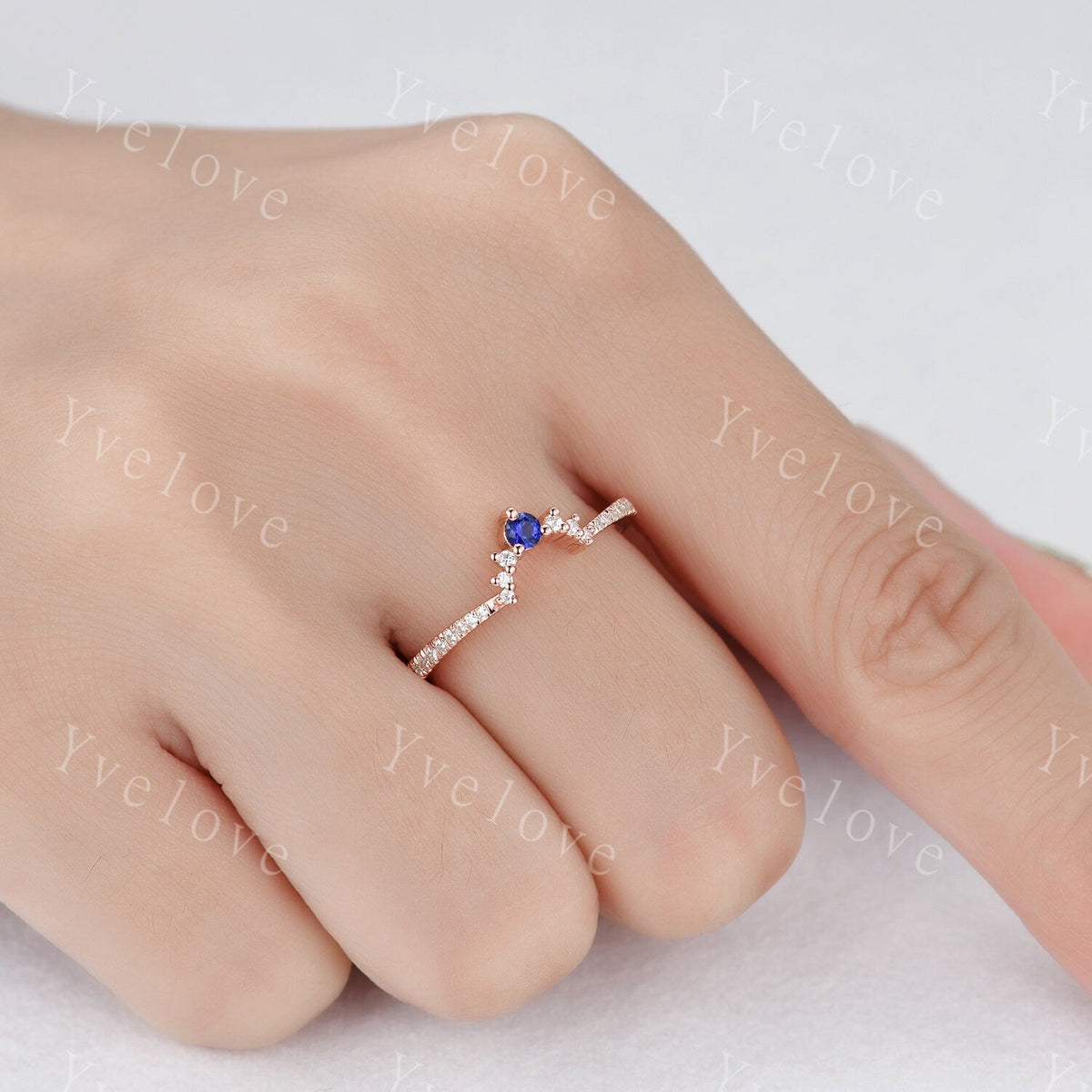 2.5mm Blue Sapphire Diamond Engagement Matching Band Stacking ring Curved shape Half Eternity diamond Danity wedding band Bridal Ring Set