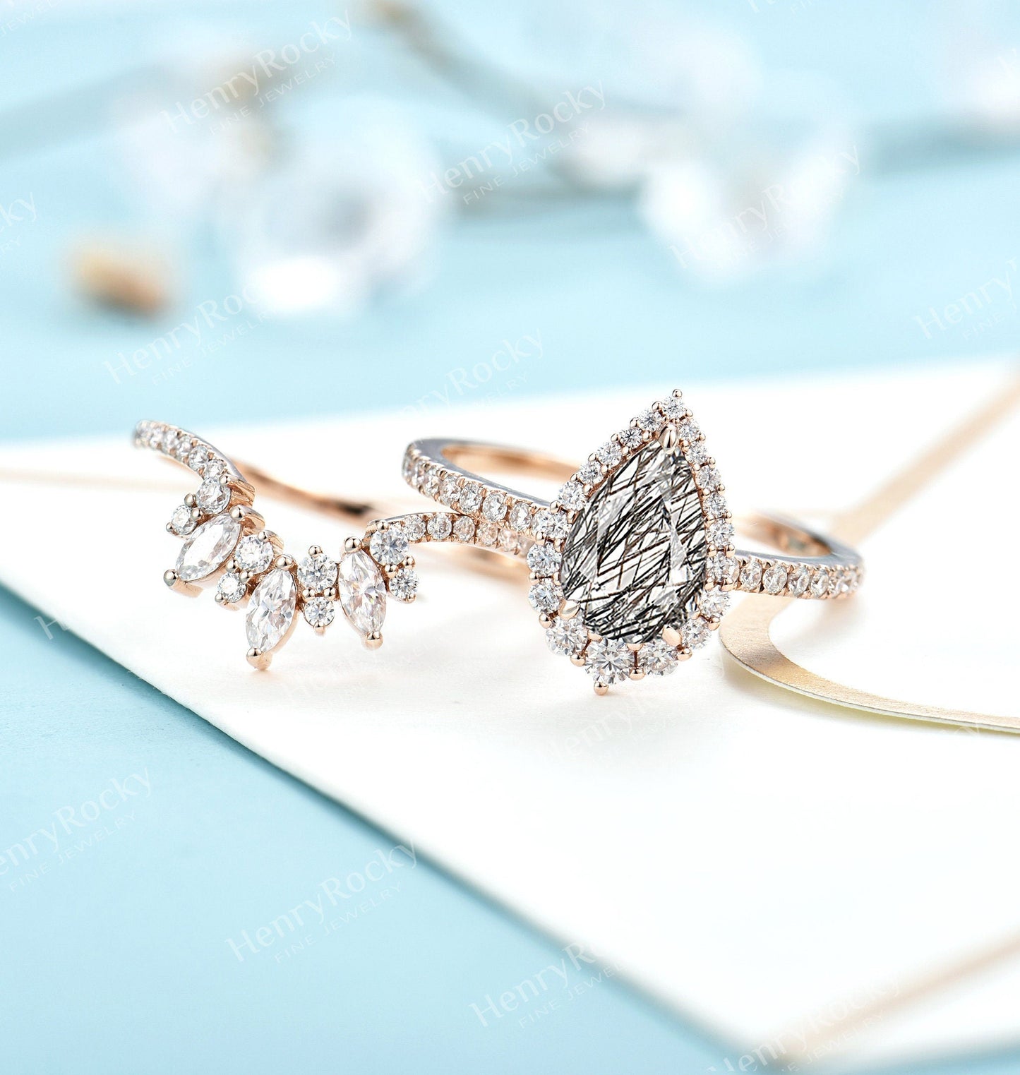 Black Rutilated Quartz Engagement ring set | Rose gold wedding set | Vintage Pear cut ring | Curved moissanite wedding band | Anniversary