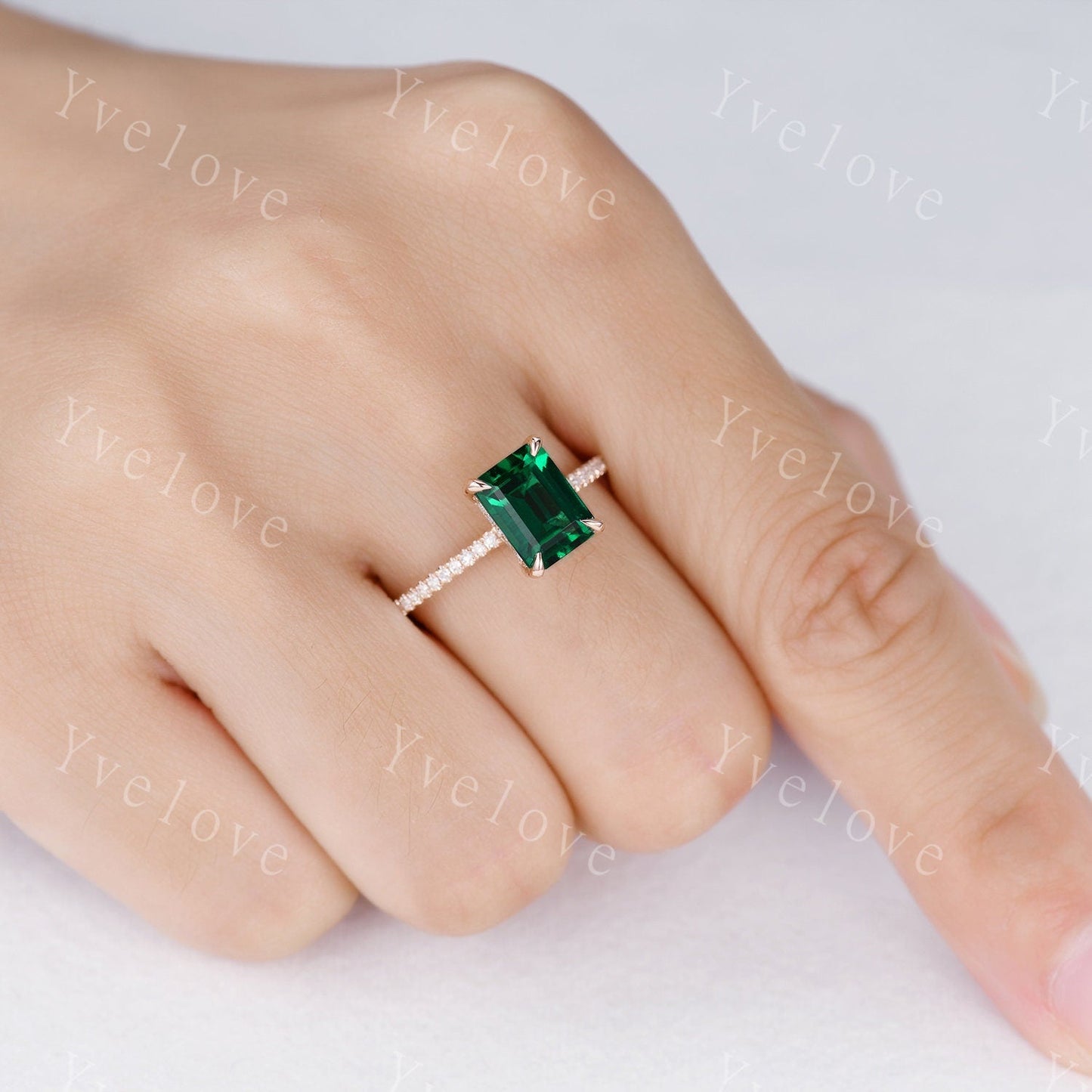 Emerald engagement ring 6x8mm emerald-cut lab created emerald ring real diamond wedding band diamond setting 14k white gold birthstone ring