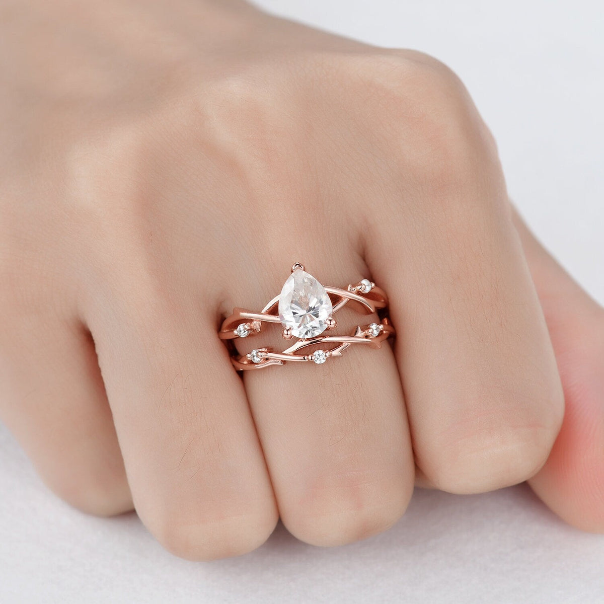 Unique Teardrop Moissanite Ring Set,Vintage Twig Diamond Engagement Ring Set,Branch Ring Set Gold,Twisted Ring Bridal Set,Dainty Ring Set