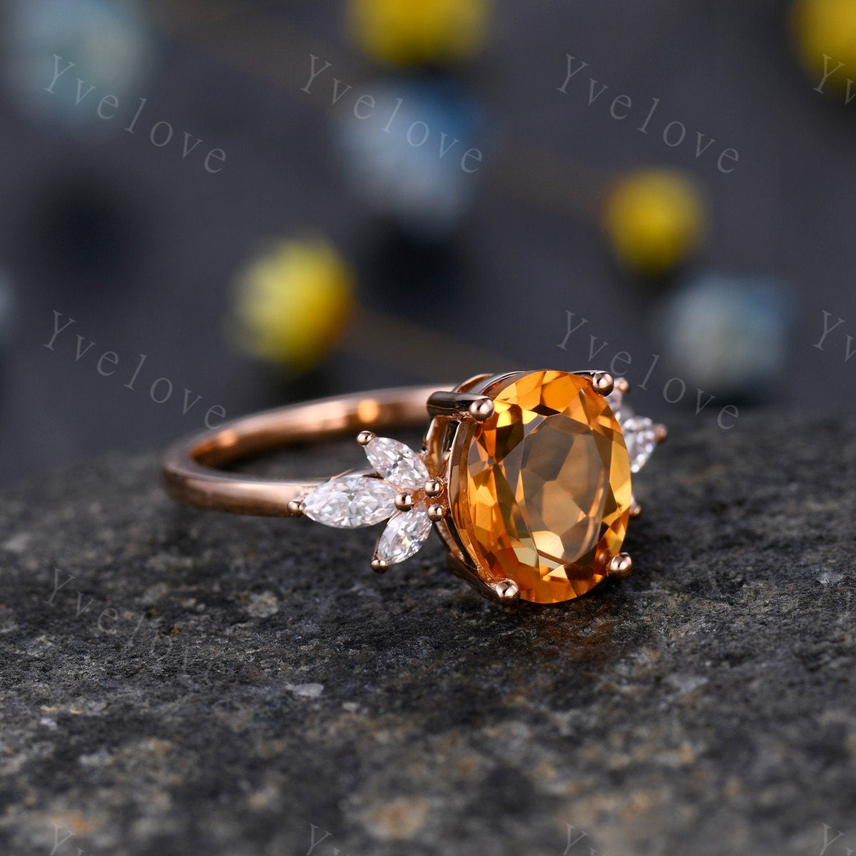 9x7mm Citrine Ring for Women, Citrine Wedding Ring Set, November Birthstone, Oval Cut Citrine, Moissanite Eternity Wedding Band, Art Deco