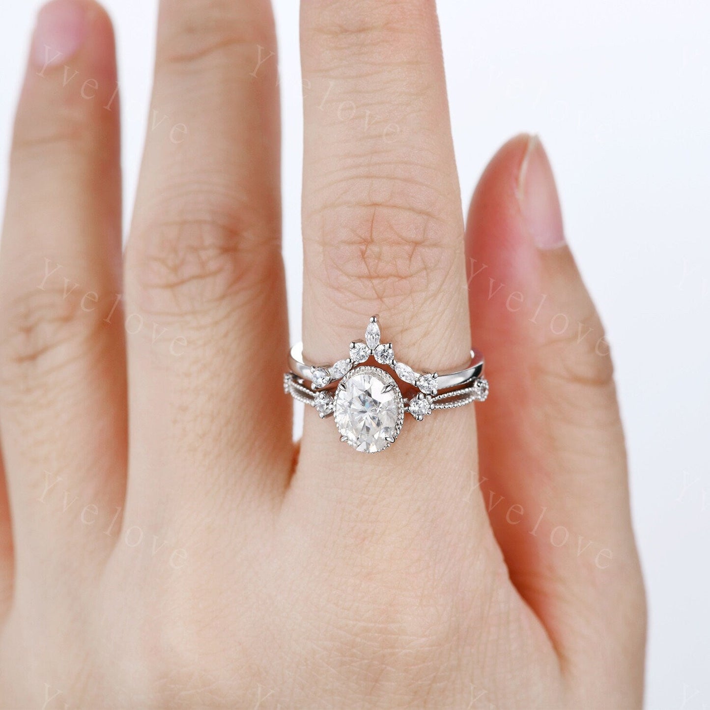 Oval moissanite engagement ring set white gold vintage engagement ring unique cluster marquise diamond wedding anniversary women ring set