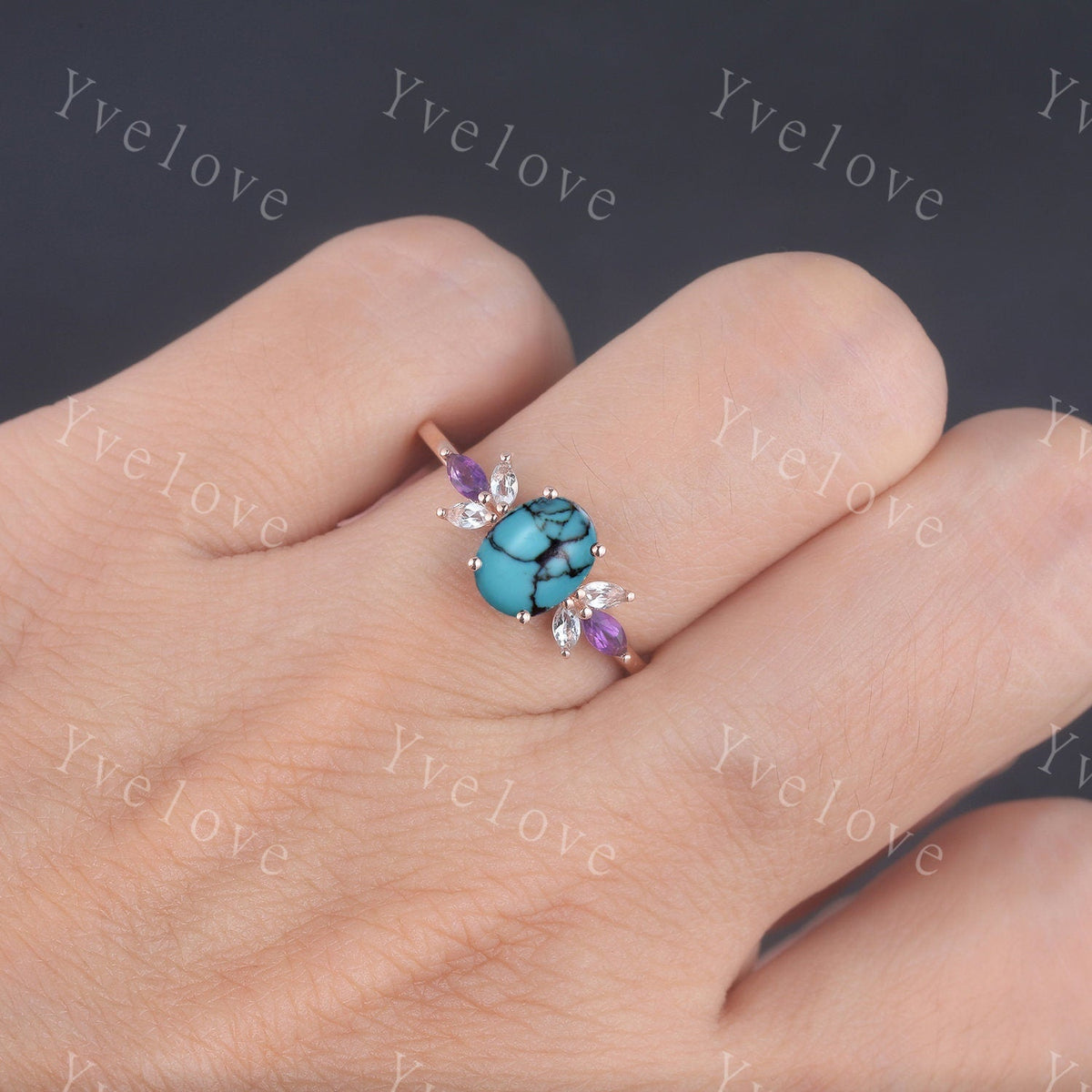 Vintage Oval Turquoise Engagement Ring Set Rose Gold Women Moissanite Amethyst Gem Matching Band December birthstone Valentines day gift