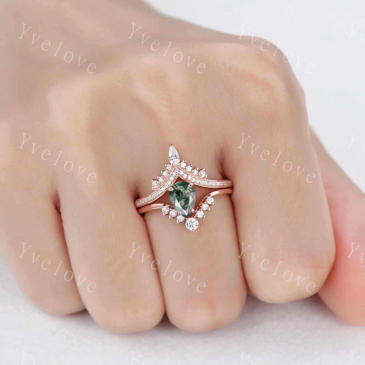 Pear moss agate ring 14k Solid Gold Vintage moss agate engagement ring set Curved diamond Band Ring women art deco vintage moss engagement