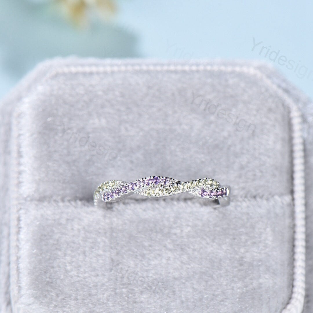 Natural amethyst peridot wedding ring infinity wedding band women half eternity stacking ring white gold Bridal Ring Anniversary Gift