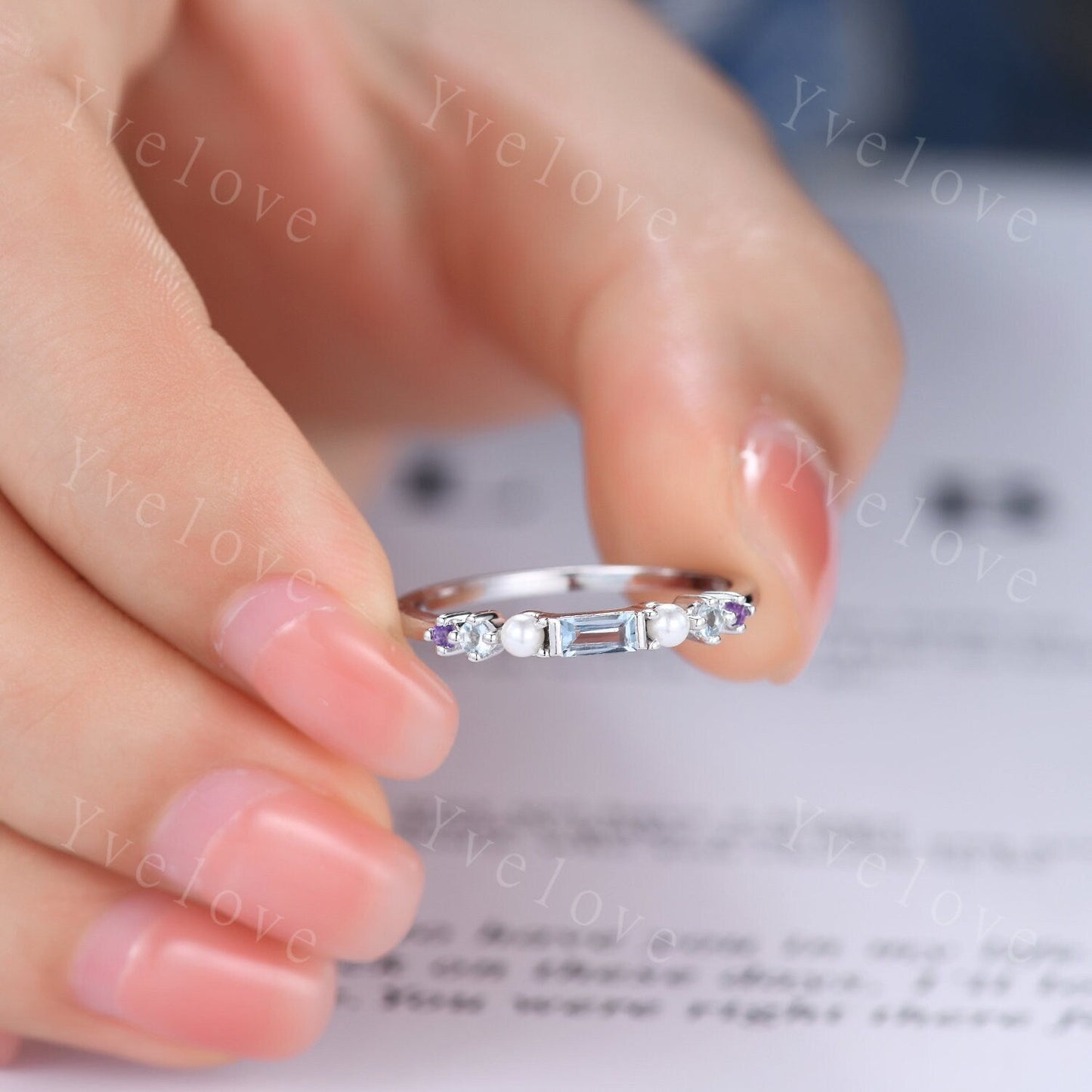 Danity Baguette aquamarine band minimalist ring natural pearl amethyst wedding band women stacking matching band white gold custom ring gift