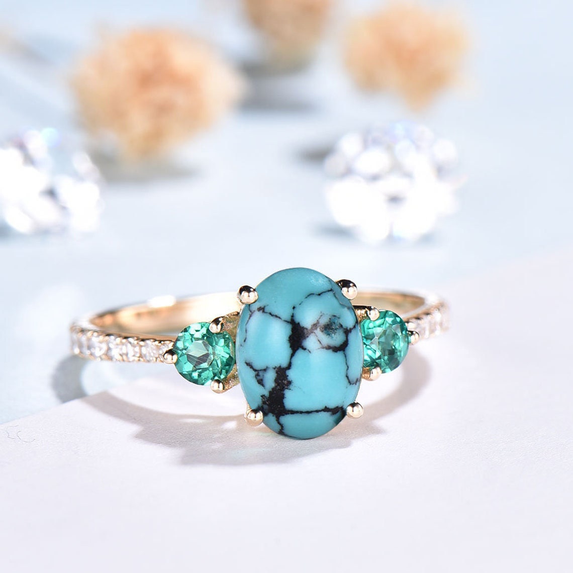 Oval Turquoise Engagement Ring, Emerald Diamond Three Stone Bridal Ring