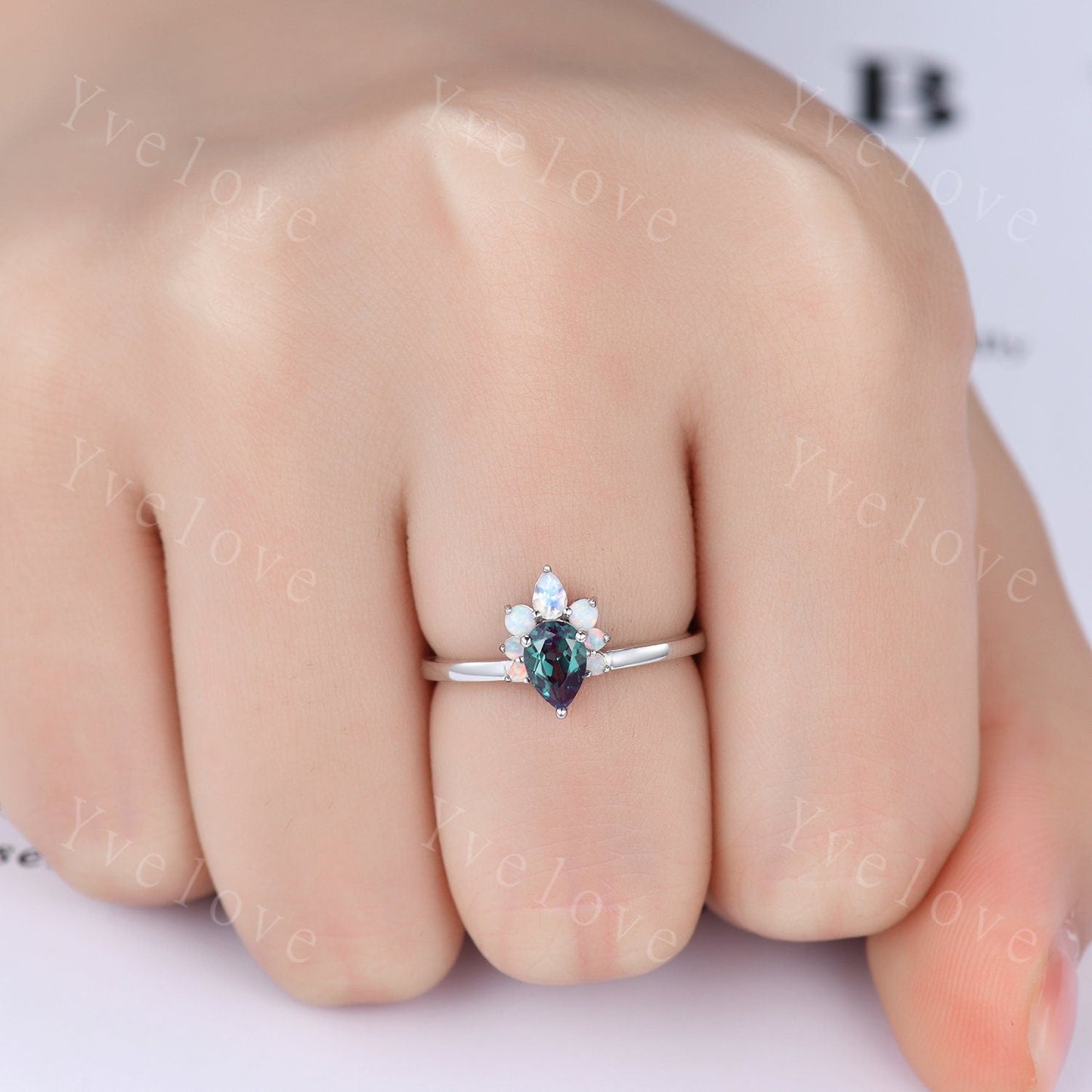 Vintage Pear Alexandrite Opal Engagement Ring,White Gold Ring,Art Deco Moonstone Wedding Ring,Unique Anniversary Ring Gift,Personalized Gems