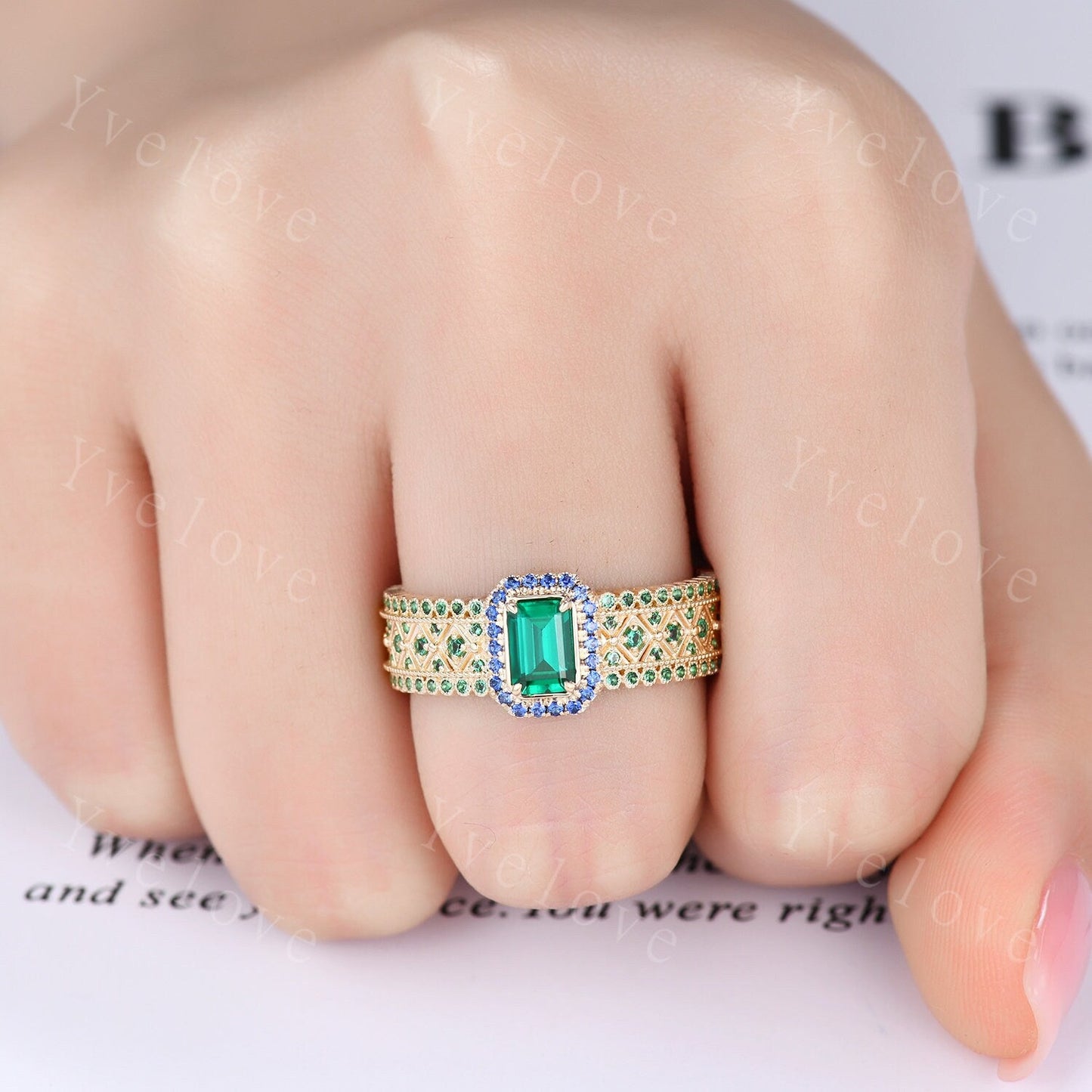 Fancy Emerald Engagement Ring Sapphire Wedding Band Emerald Gemstone Bridal Ring 14k Gold Men's Statement Ring Anniversary Ring Gift