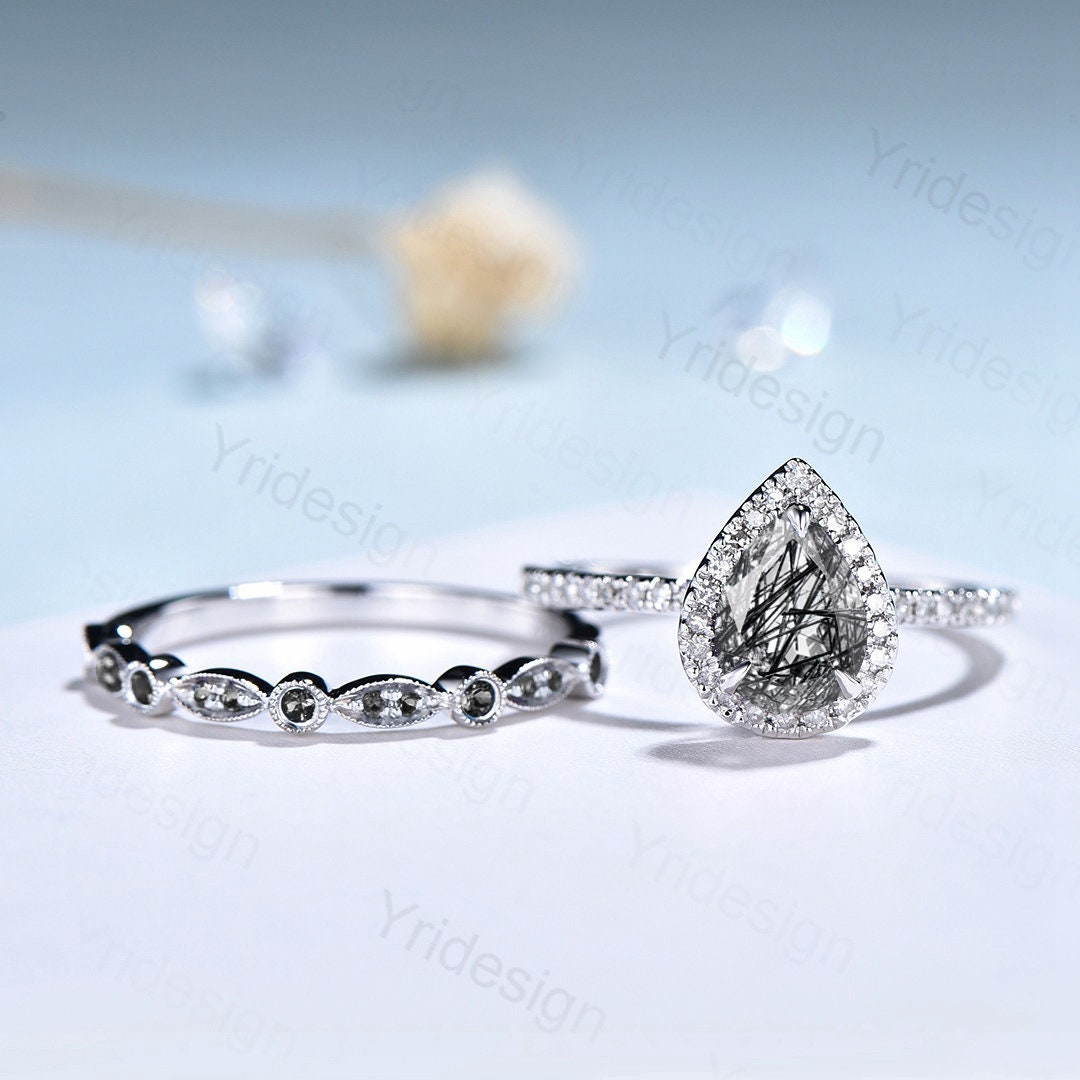 18K White Gold Black Rutilated Quartz Ring Set, Halo Diamond Bridal Set