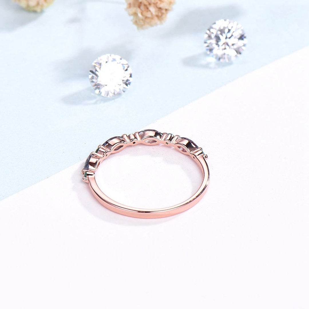 Rose Gold Opal Wedding Band, Emerald Art Deco Stacking Ring