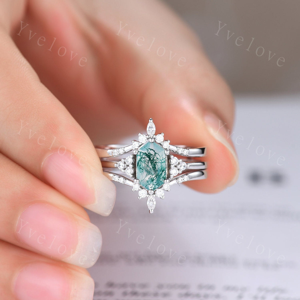 Retro Long hexagon Moss Agate Ring,Vintage Sterling Silver Ring Set,Unique Agate Engagement Ring,Enhancer Ring,Anniversary Ring Gift For Her