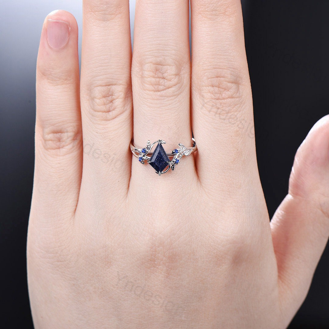 Nature Inspired Blue Sandstone Ring Kite Galaxy Star Twig Engagement Ring Leaf Branch Blue Gemstone Vintage Unique Wedding Ring for Women