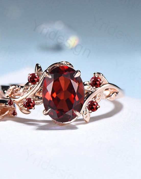 Nature Inspired black gold garnet ring set Unique garnet leaf engagement ring women cluster spinel January birthstone bridal ring set women