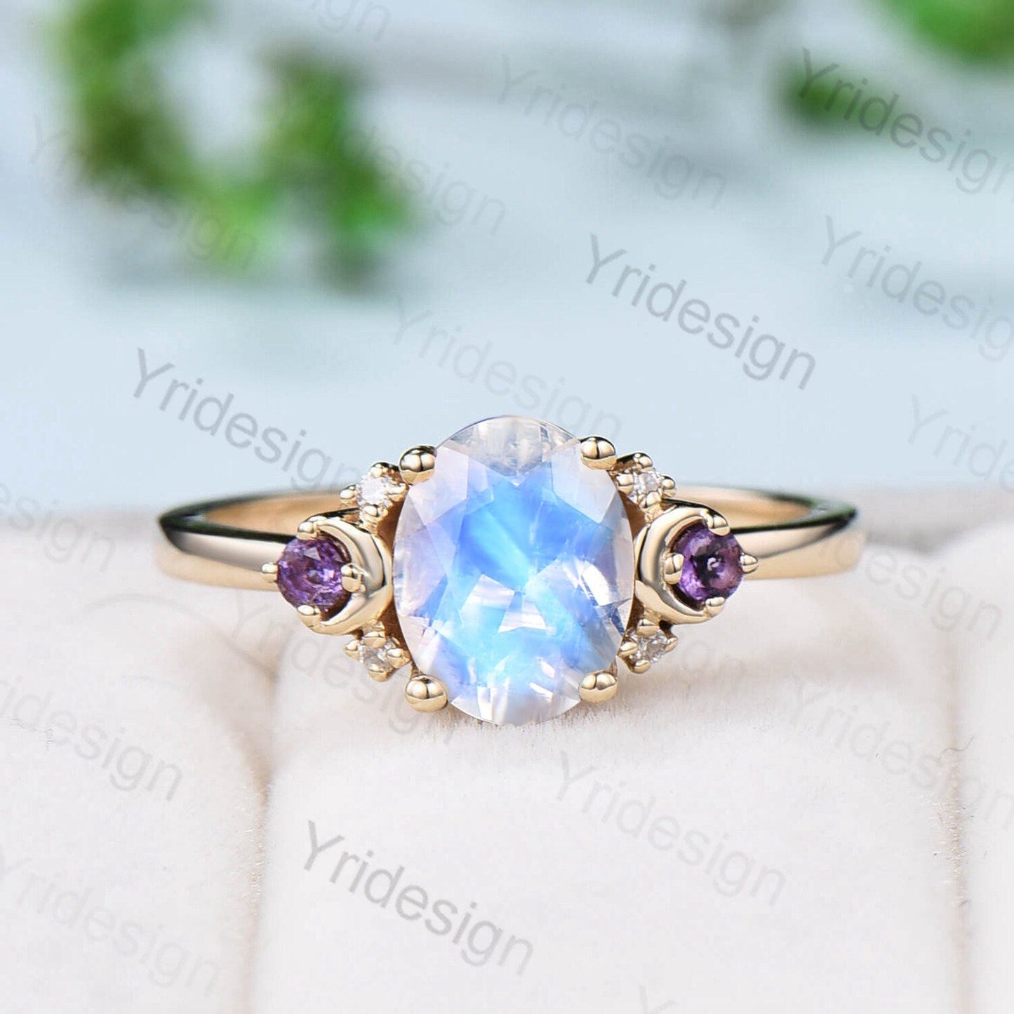Vintage Moon Moonstone Engagement Ring Set Unique Celestial Moon Alternative Amethyst Wedding Ring Set Art Deco Black Spinel Matching Band