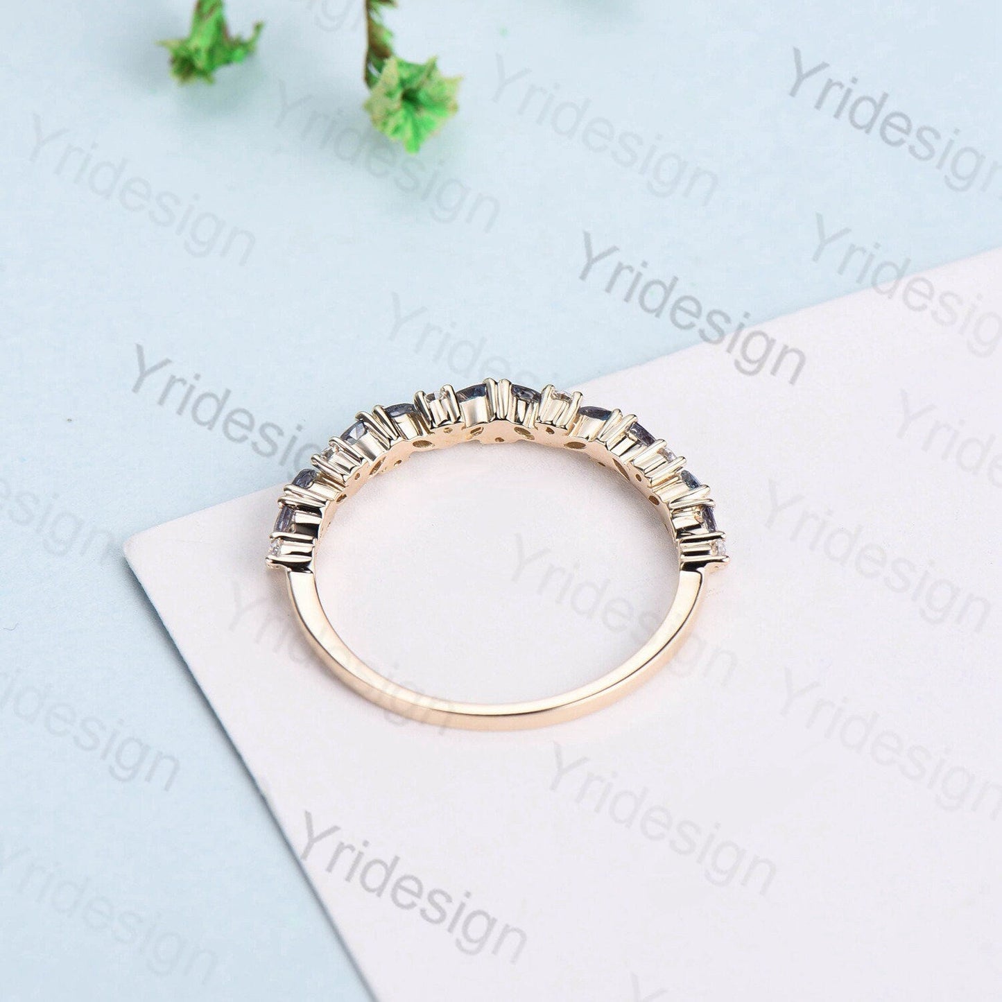 Vintage Alexandrite Wedding Band, Marquise cut White gold wedding ring, Unique Stacking matching Band Bridal ring, Anniversary band ring